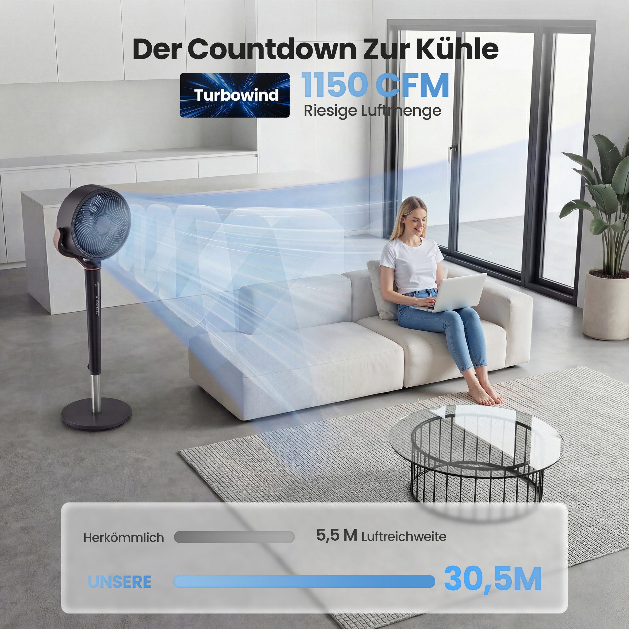 Furnicopia Standventilator mit Fernbedienung, Leiser 20 dB, 3D-Schwenkung, Ventilatoren, 36 cm Durchmesser, 4 Modi, 16 Stufen, blaue Ambientbeleuchtung, Turbotechnik & Tragegriff