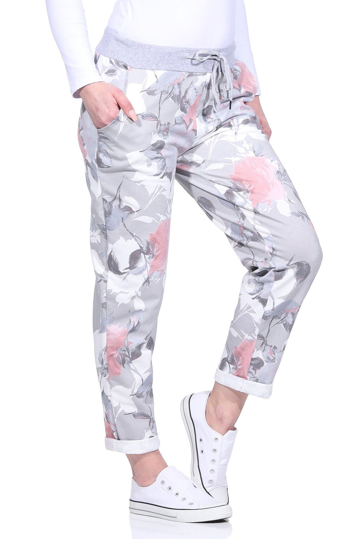 Aurela Damenmode Jogginghose Freizeithose sommerliche Haushose leichte Jogginghose mit elastischem Bund und Schnürung Grau mit Blumen