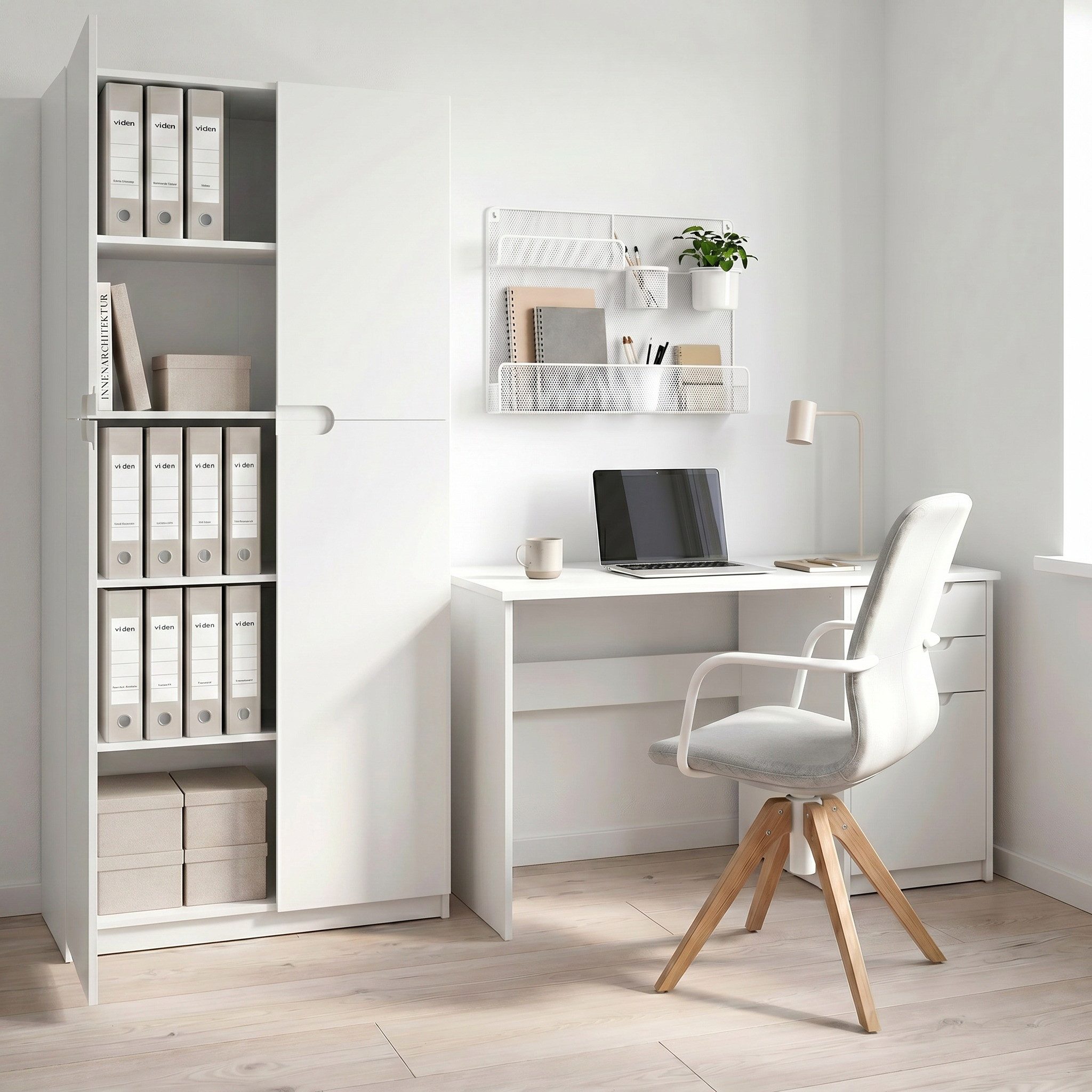 Vladon Aktenschrank Logan (Aktenschrank, mit 5 Fächern und 4 Türen) Weiß matt/Weiß Hochglanz (82 x 184 x 37 cm)