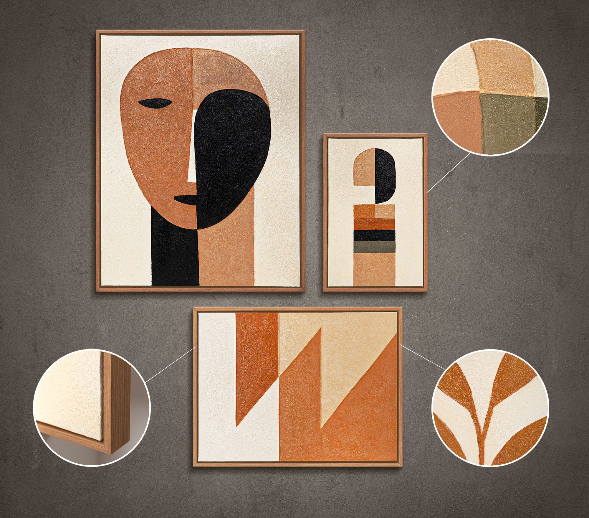 YS-Art Gemälde "Harmonie der Formen", Geometrische Formen (Set, 3 St), Wandbilder Set Modern Abstrakt Design-Statement für moderne Wohnräume