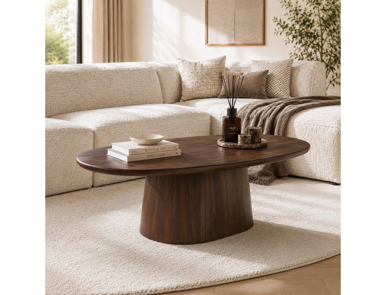 LEVEN Lifestyle Couchtisch Ovaler Couchtisch MILANO aus Massivholz Braun, Länge 135 cm