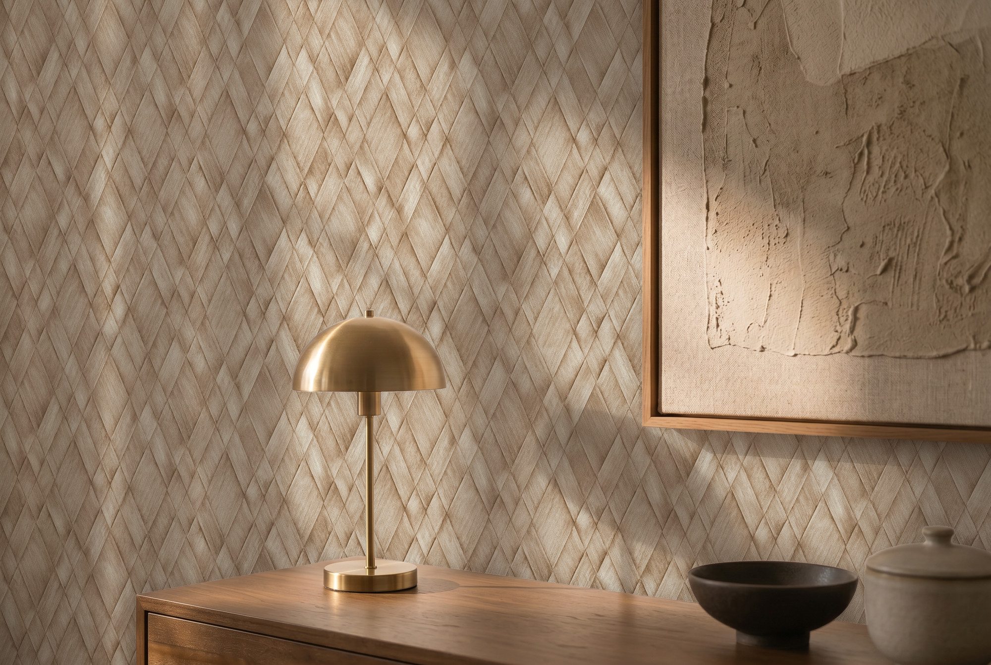 living walls Vliestapete Cosiness Geflecht – Vorgeleimte 3D Vliestapete mit Rauten, leicht strukturiert, Rhombenmuster, Flechtoptik, matt, (1 St), Plastisches Rautenmuster in moderner Geflechtoptik