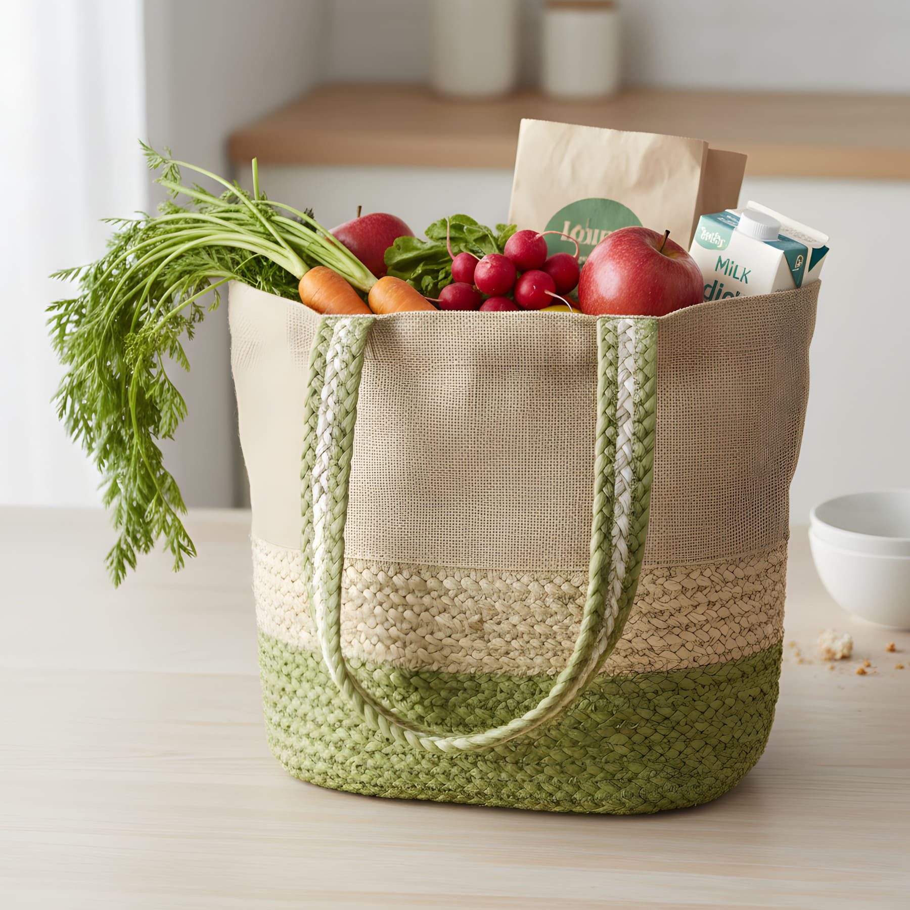 Dekoleidenschaft Umhängetasche "Nature Green" aus Jute, Jutetasche natur / grün, Shopper, Jutebeutel, Einkaufstasche mit 2 Henkeln, Stofftasche, Tote Bag