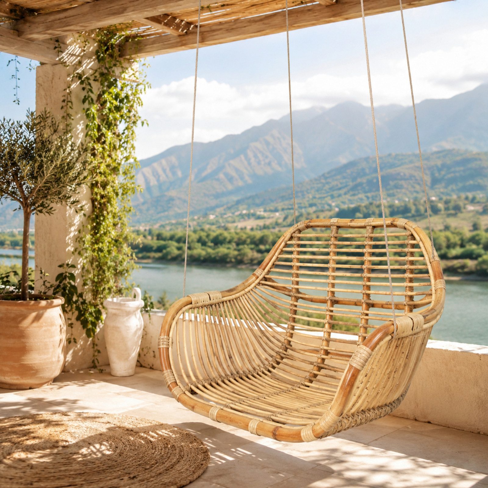 Van der Leeden Hängesessel Hängeschaukel Stuhl Rattan Hell Korb Braun 66x65 cm + Aufhängung (1-St), Beige, mit Karabiner, Hängestuhl, Handmade