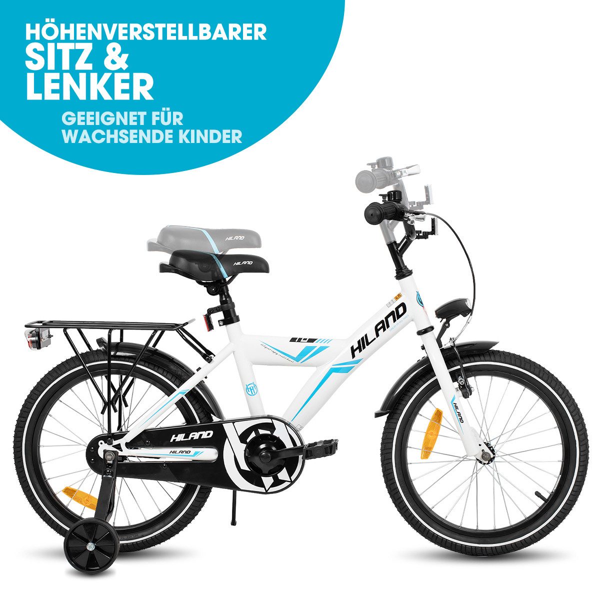 HILAND Kinderfahrrad Sentry 16/18 Zoll fahrrad für Jungen Kinder ab 4,5,6 Jahren, 1 Gang, mit Rücksitz/Gepäckträger Stützräder Handbremse
