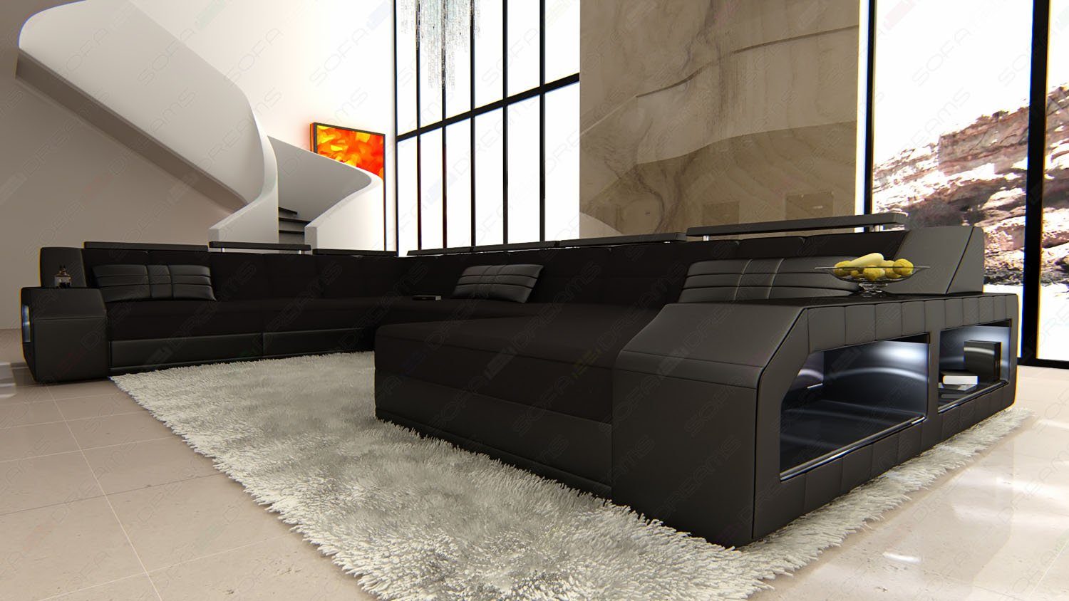 wahlweise Sofa Stoff Stoffsofa Polster Dreams Bettfunktion Designersofa Form U Wohnlandschaft Matera mit Sofa Schwarz-Schwarz LED, mit XXL C33 Couch, als Schlafsofa,