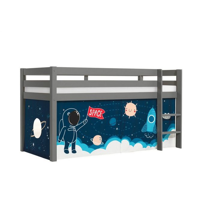 Natur24 Kinderbett Halbhohes Bett Pino mit Textilset Rakete Kiefer Grau lackiert