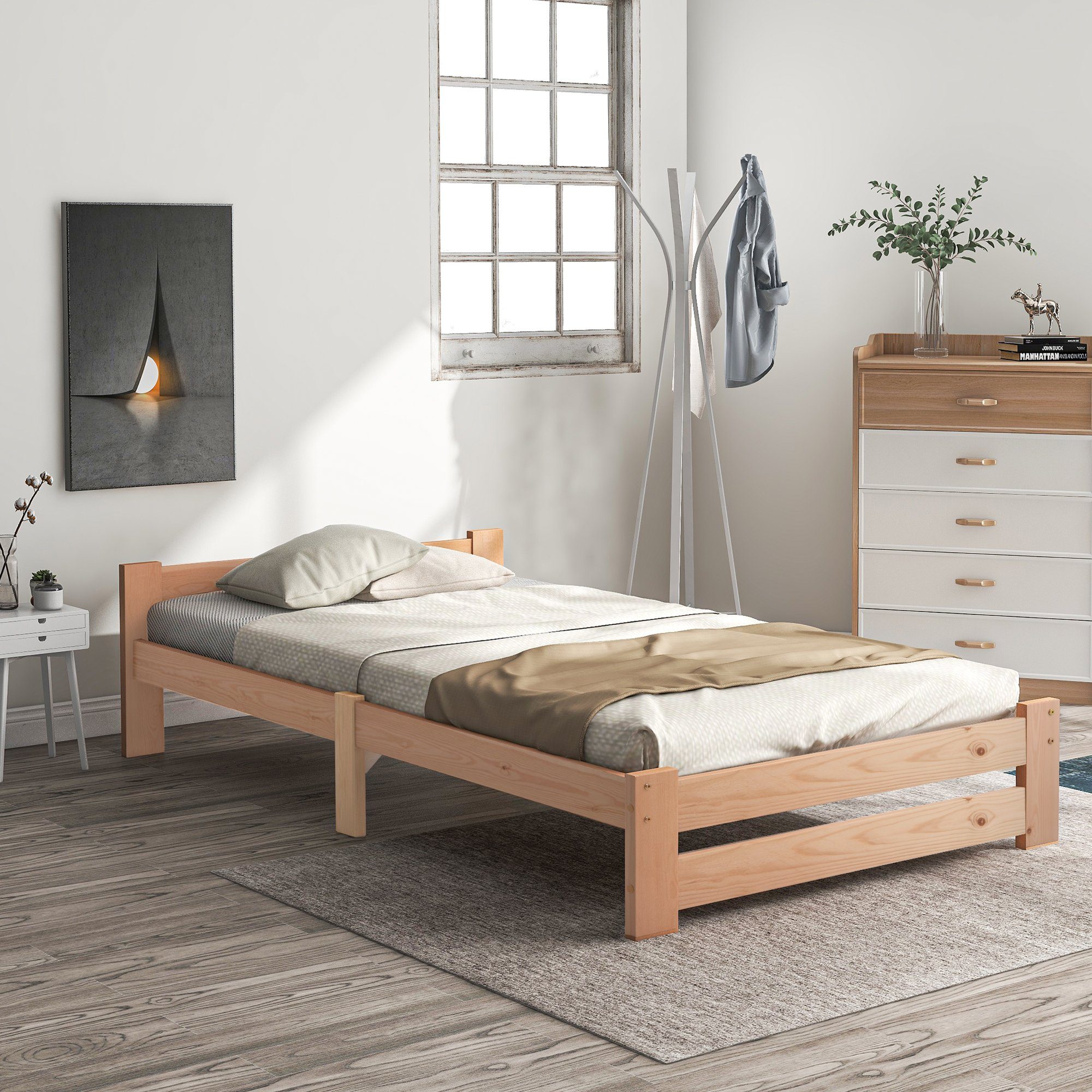 Flieks Futonbett, Einzelbett Massivholzbett mit Kopfteil und Lattenrost