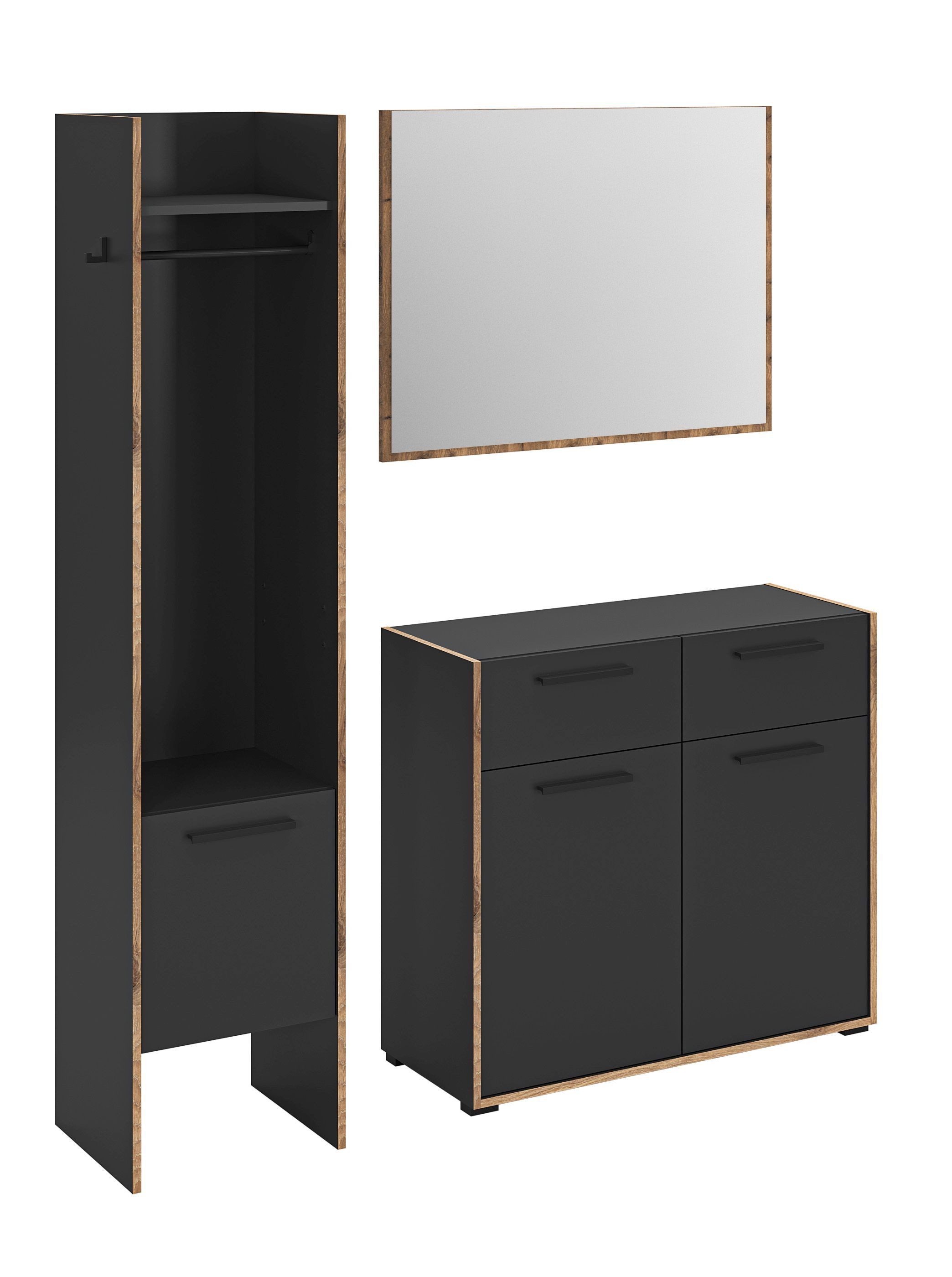 xonox.home Garderoben-Set Bueno, (3tlg. Set inkl. Garderobenschrank Schmal, Kommode, Spiegel), Basalt Melamin Melamin beschichtet modern 152x189x37 cm