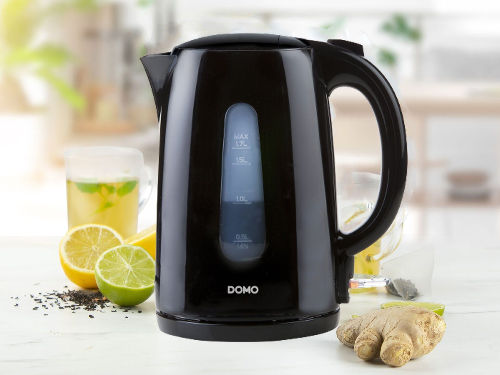 Domo Wasserkocher, 1.7 l, 2200 W, ohne Kabel elektrischer Teekocher Heißwasserbereiter schnell & leise Schwarz