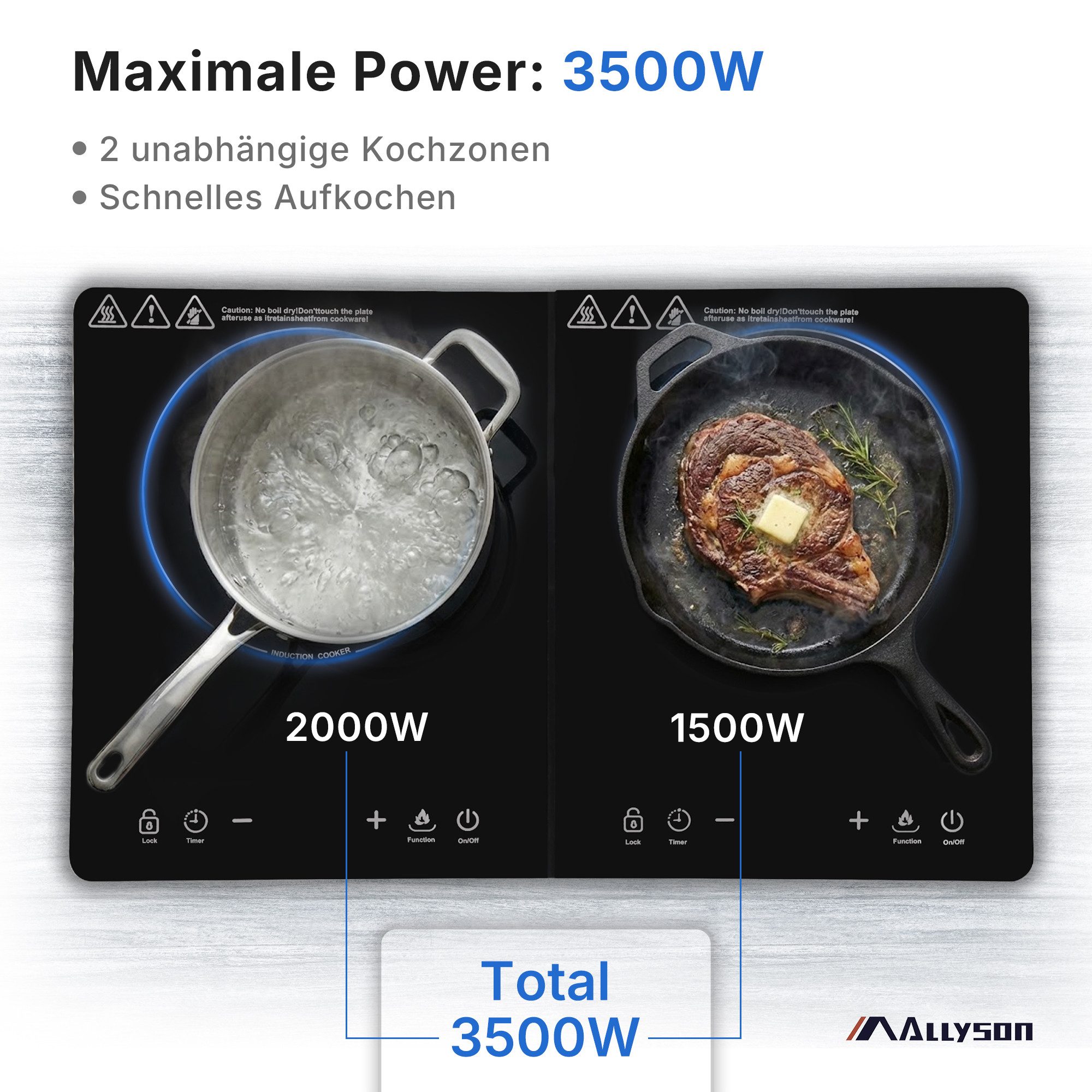 Allyson Doppelkochplatte Doppel Induktionsplatte, Mobiles Induktionskochfeld 2er Kochplatte, Einbaubar & mobil, 3500W Power, 10 Stufen, flaches Kristallglas-Design