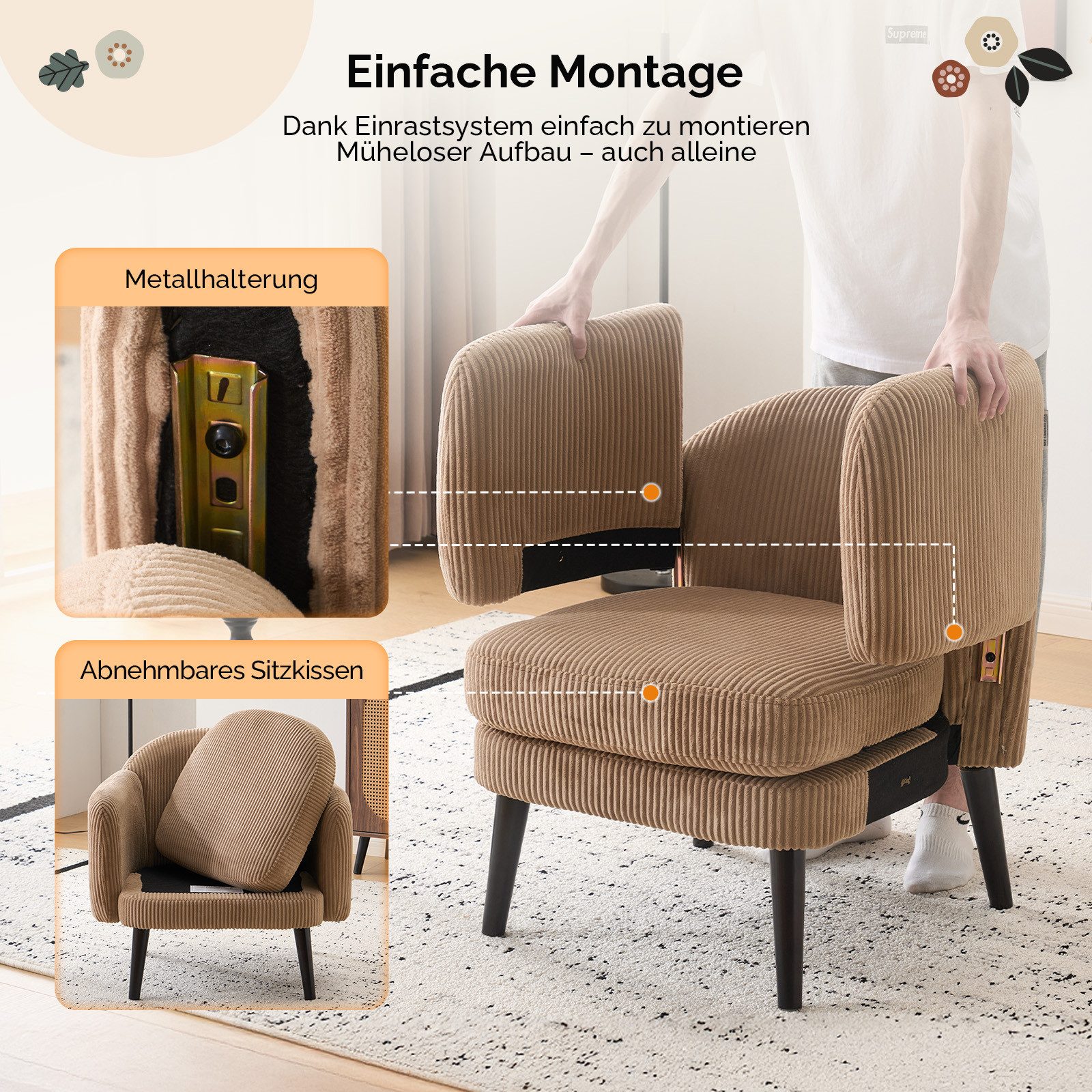 VINGLI Ohrensessel Cocktailsessel aus Cord, Moderner Loungesessel für Wohnzimmer, Holzbeine, Abnehmbares Sitzkissen & Armlehnen – Bild 4 von 5