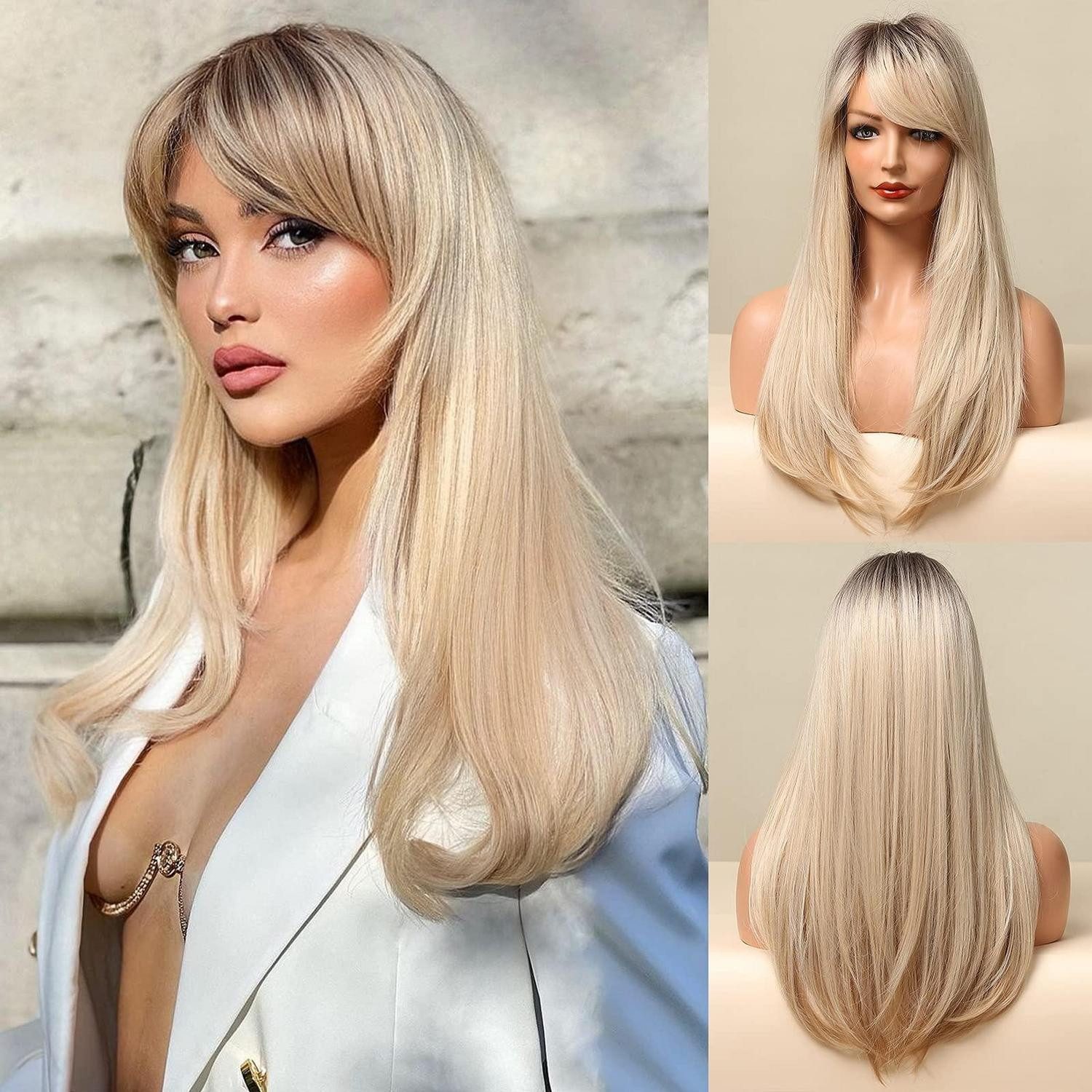 LuxusKollektion Kunsthaarperücke Perücke Lang Pony Ombre Dark Root Synthetik Wellig Blond