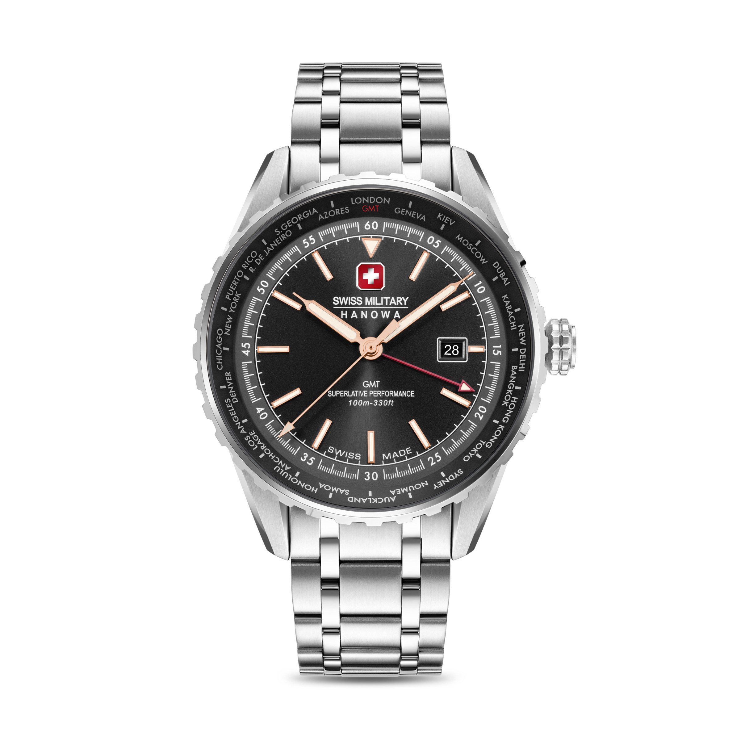 Swiss Military Hanowa Quarzuhr Afterburn GMT SMWGH0003203, Armbanduhr, Herrenuhr, Swiss Made, Edelstahlarmband, analog, Tag