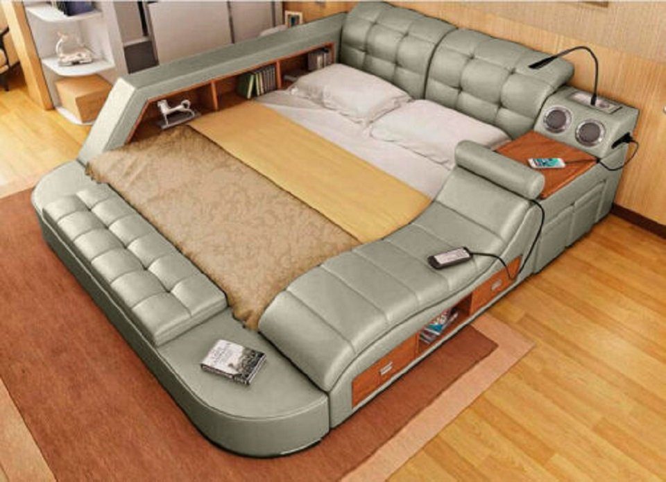 Luxus Bett Betten Multifunktion Bett JVmoebel + Doppel Polster Sofort Leder USB