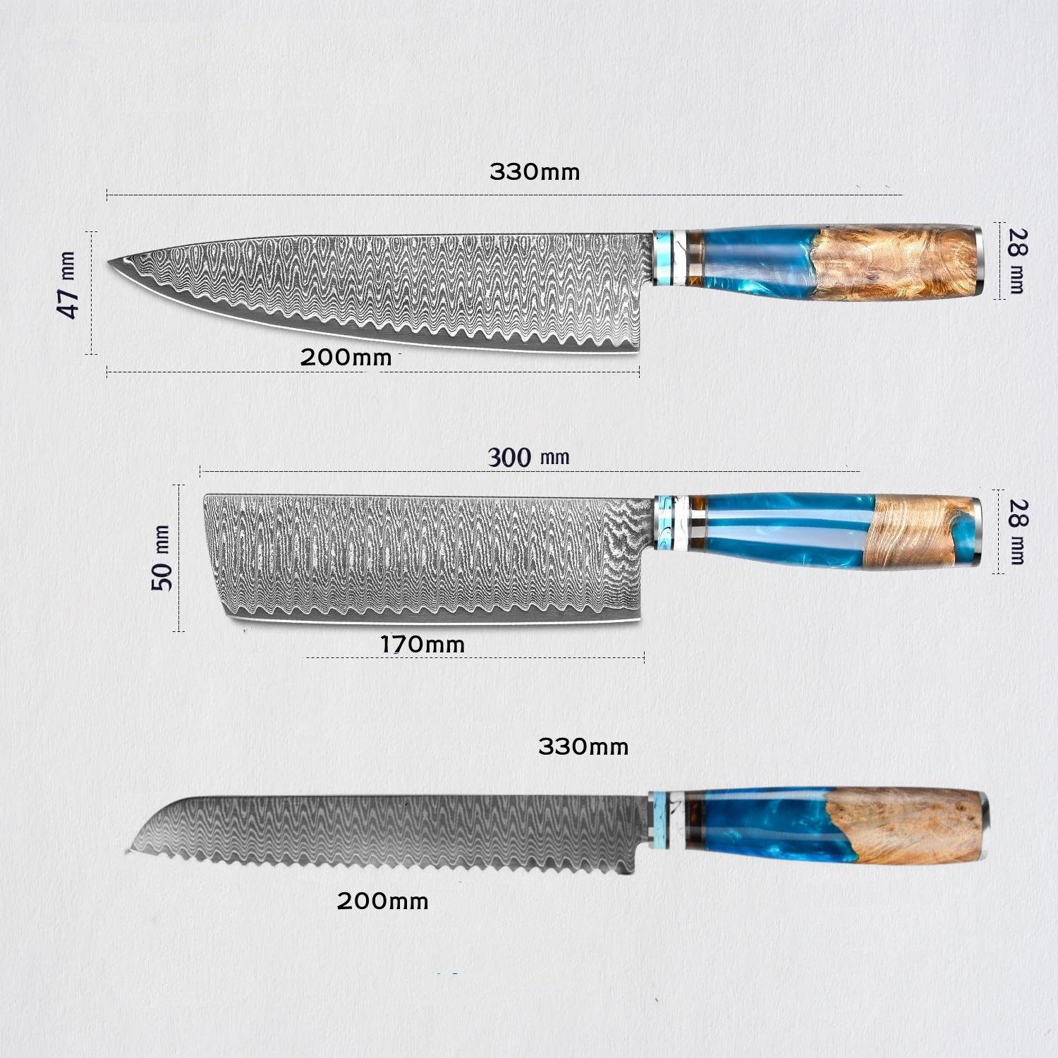 (3-tlg) Damastmesser 3er 67 Set küchenmesser Schichten KEENZO Messer-Set Damaststahl