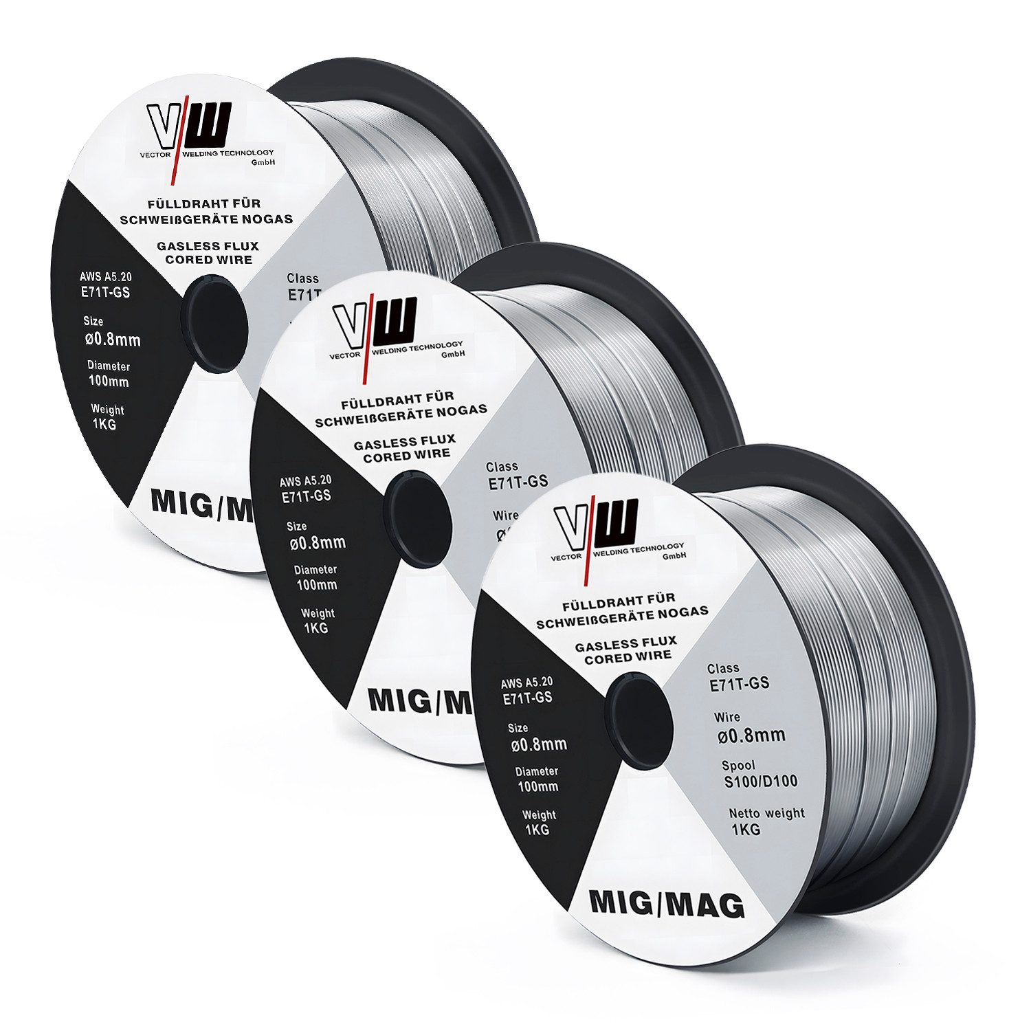 VECTOR WELDING Schweißdraht MIG MAG Fülldraht E71T-GS, 0,8 / 1 kg / 3 X D100 Rolle NoGas
