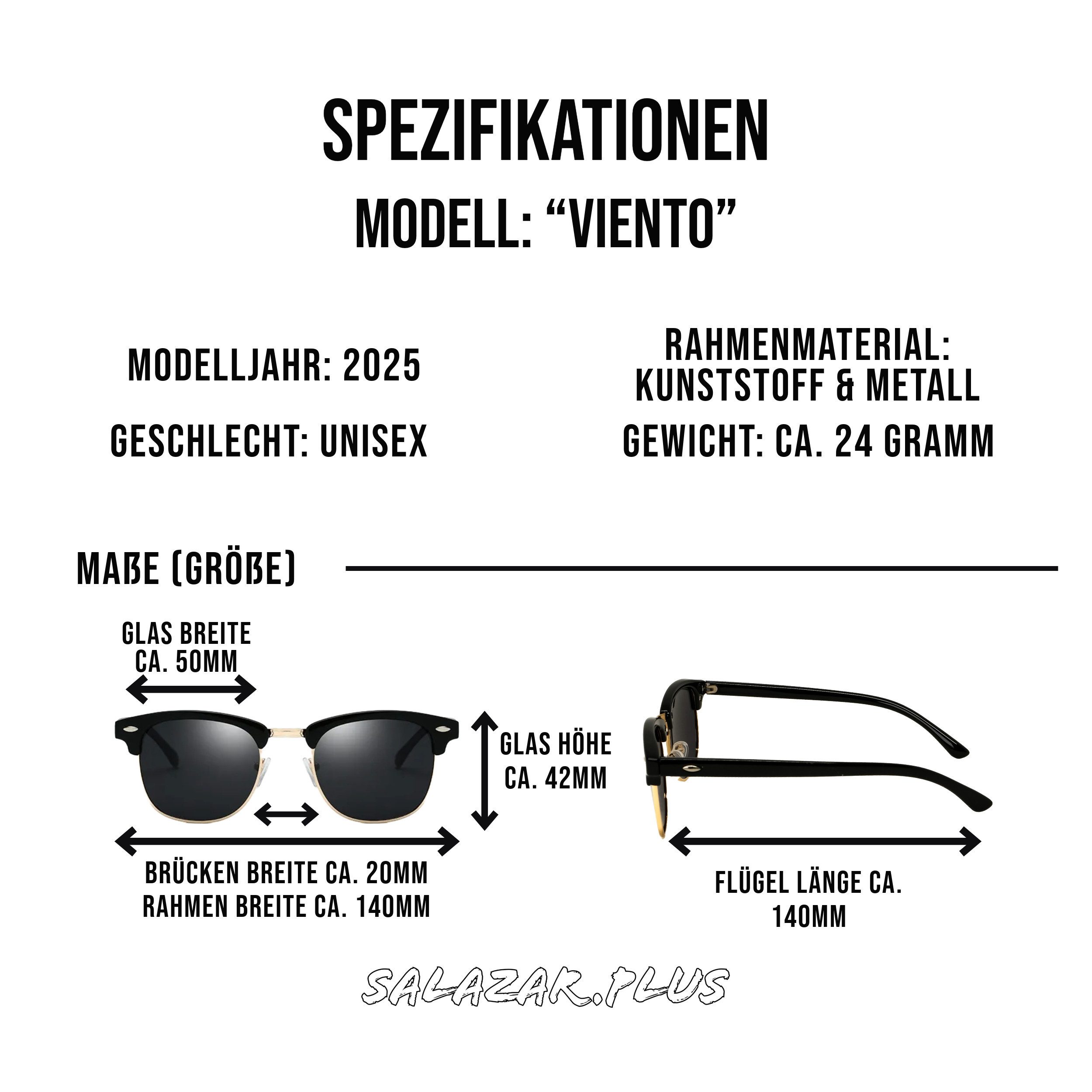 salazar.plus Sonnenbrille Rund Rechteckig Unisex 2 Farben Damen Herren Brille Schwarz Braun