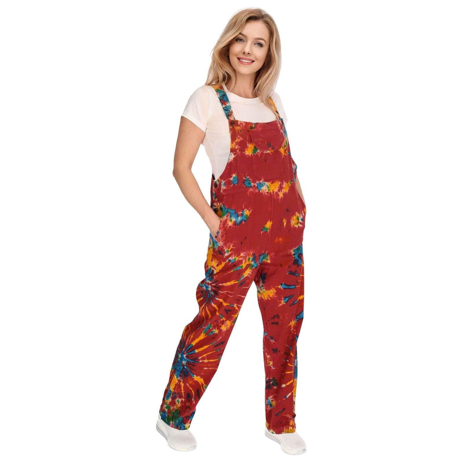 KUNST UND MAGIE Latzhose Tie Dye Batik Latzhose Haremshose Hose Psy 70er Boho Jumpsuit Bunt Rot