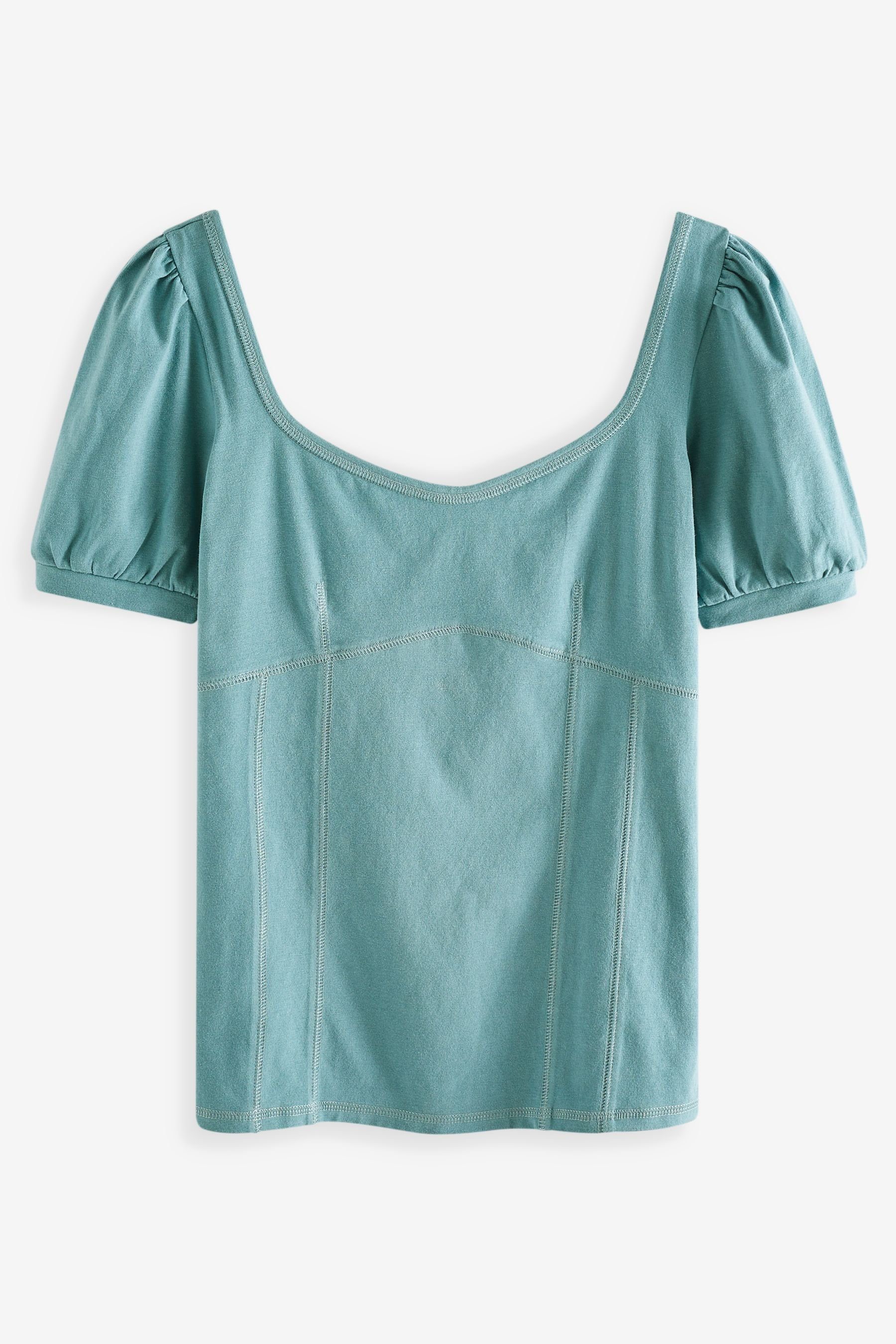 Next T-Shirt T-Shirt mit kurzen Puffärmeln und Herzausschnitt (1-tlg) Teal Blue