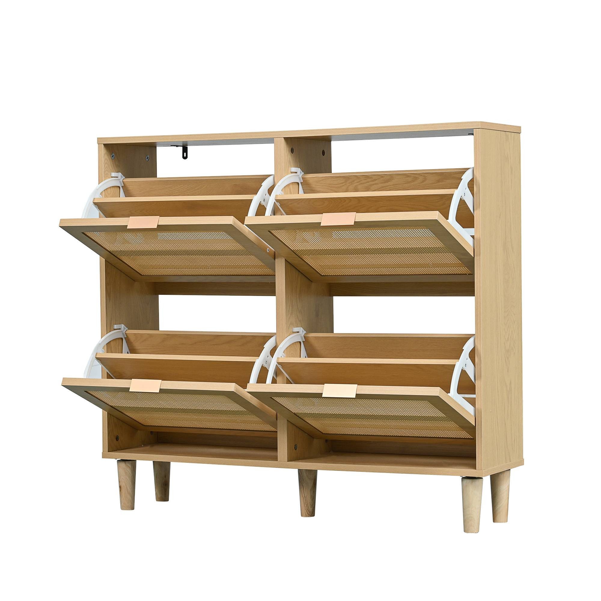 IDEASY Schuhschrank mit 4 Klappschubladen, Schuhkommode aus Rattan mit Metallgriffen, (Schuhregal für Flur, Schlafzimmer, Wohnung,Holzmöbel, Landhausstil) 100 x 25 x 90 cm,Verhindert 26-28 Paar Schuhe