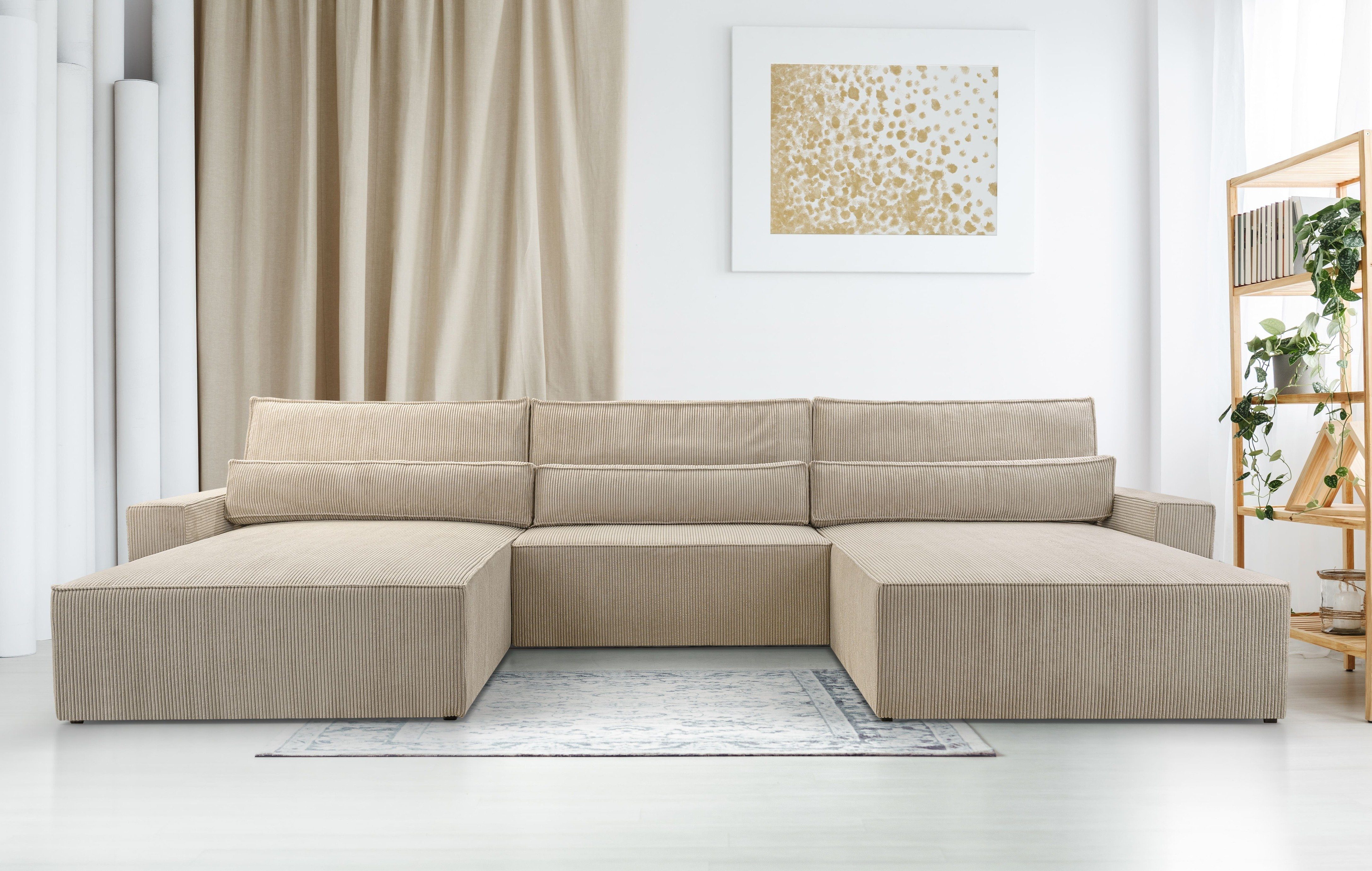 aus MOEBLO 02) Eckcouch Schlaffunktion Cord U, Dunkelbeige Couch - DENVER Cordstoff U-Sofa Wohnlandschaft Ecksofa mit U-Form Polsterecke und Sofa Bettkasten 420x85x185cm, (Poso