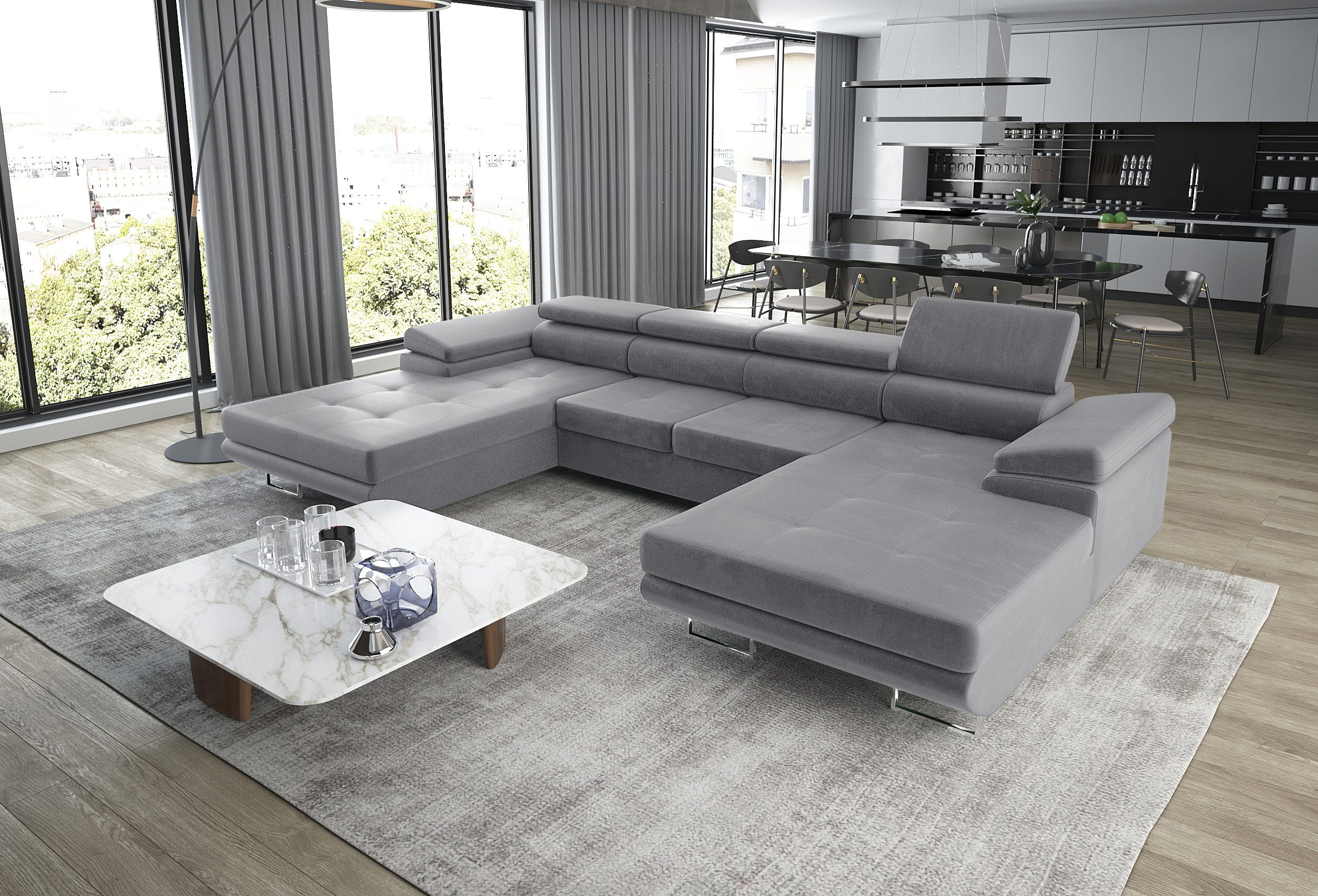 thematys Ecksofa ALVARO U 355 x 162cm mit Schlaffunktion & Bettkasten –, U-Sofa mit verstellbaren Kopfstützen, Samt (Monolotith), oder Cord (Poso) - U-Form, XL-Wohnlandschaft, 355 cm breit