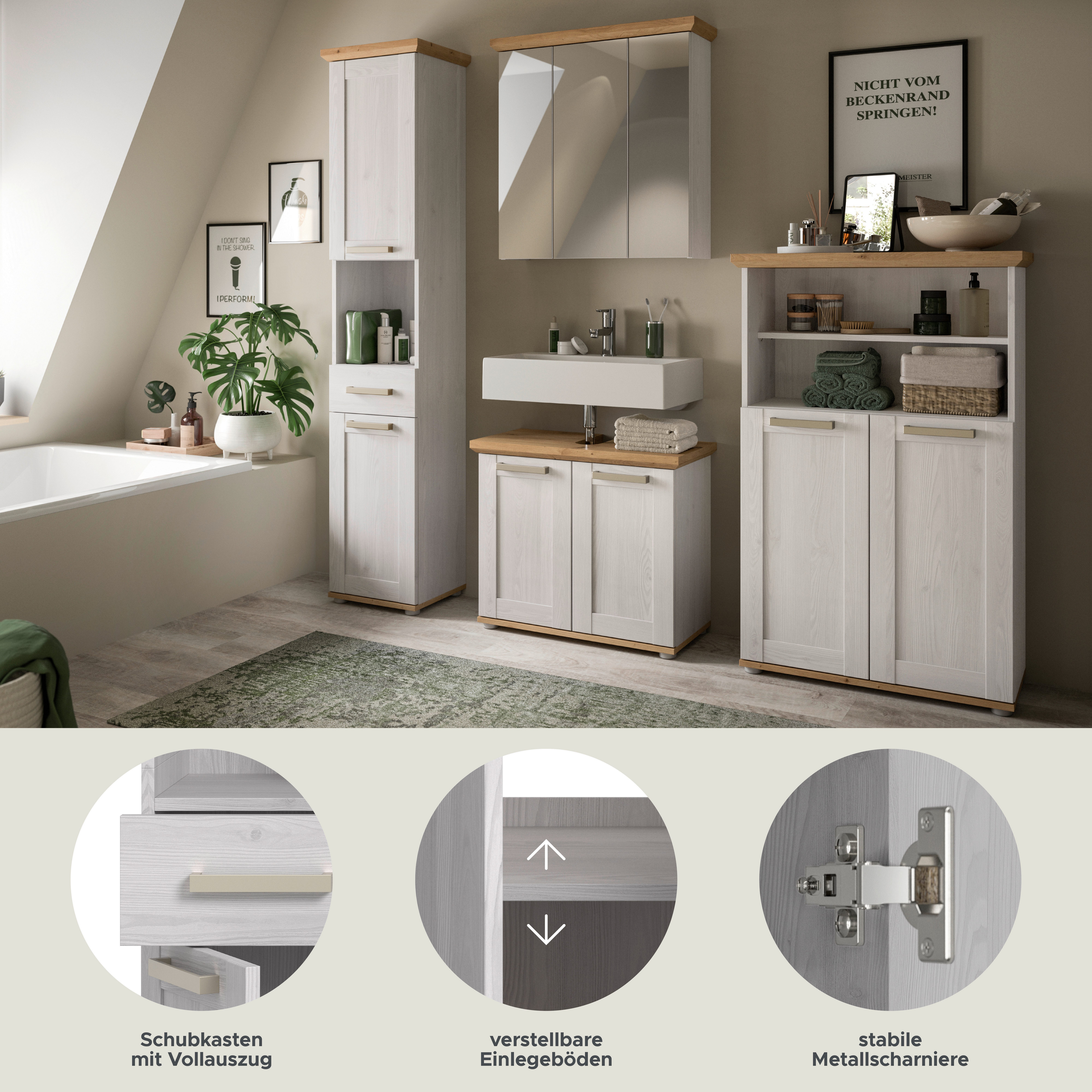 welltime Badmöbel-Set COSENZA, 4-teilig, in Landhausoptik, mit farblich abgesetztem Kranz, (4-St., best. aus: 1 Hochschrank, 1 Spiegelschrank, 1 WBU und 1 Midischrank), Bad-Kombination, Badezimmer, Kombi, Bad, Bad-Möbel