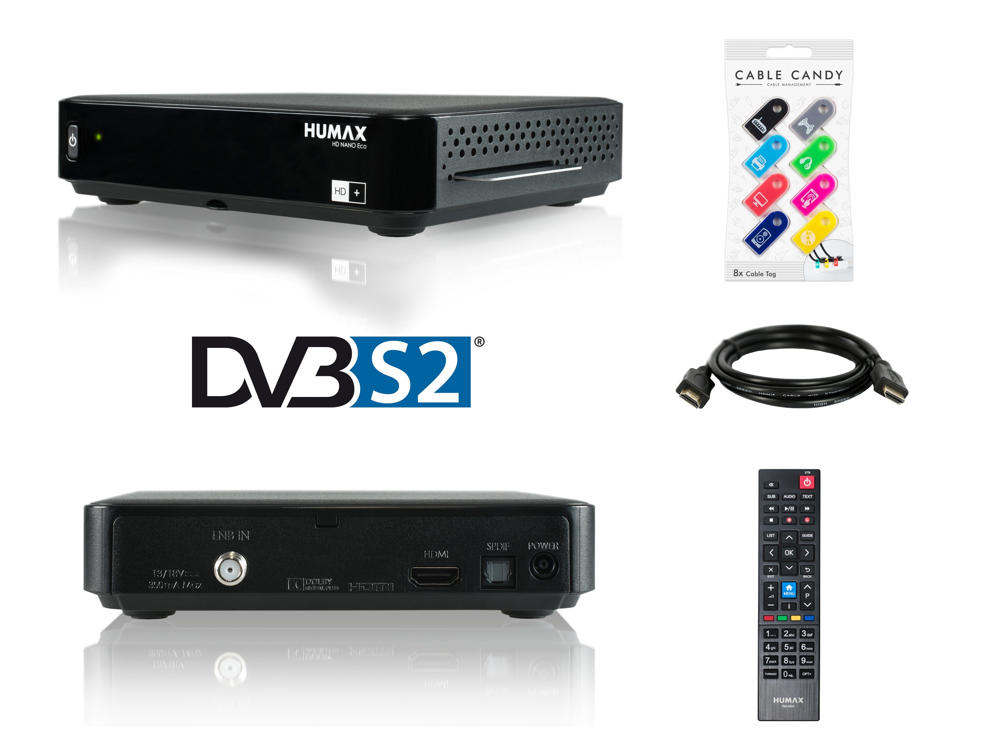 Humax Nano Eco Komplett-Set SAT-Receiver (Cable Candy Kabel Tag, HDMI  Kabel), DVB-S2 HD+ Receiver für den Empfang aller Satprogramme (HDTV+SD)