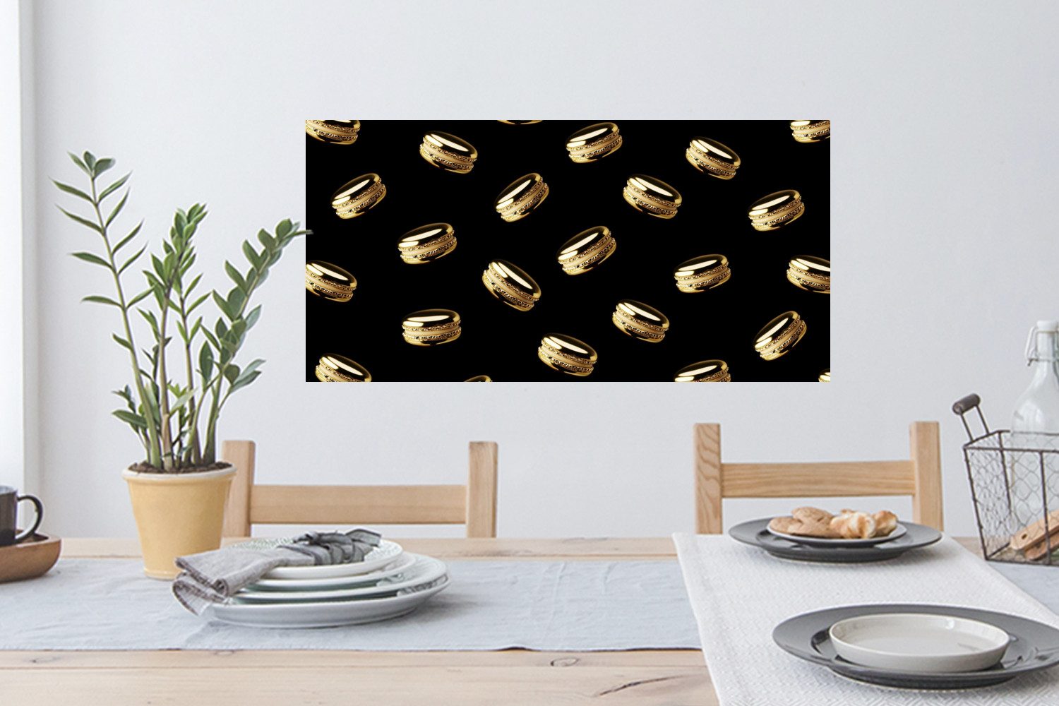 MuchoWow Wandsticker Makronen - Muster - Gold - Schwarz (1 St), Sticker für die Wohnzimmer und Schlafzimmer, 80x40 cm