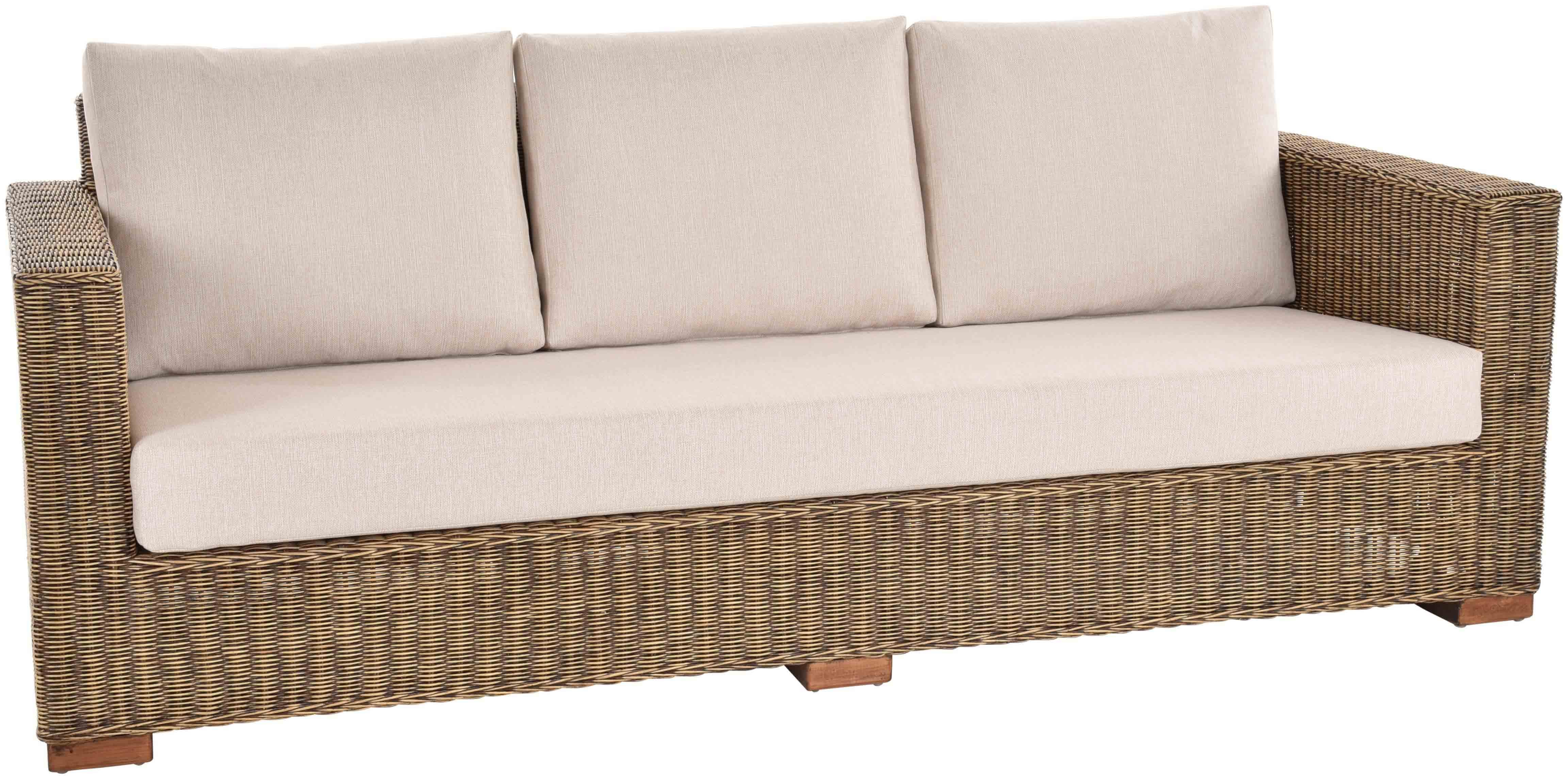 Krines Home Loungesofa Wohnzimmer Sofa Malaka aus Natur Rattan Loungesofa Dreisitzer, Rattanmöbel