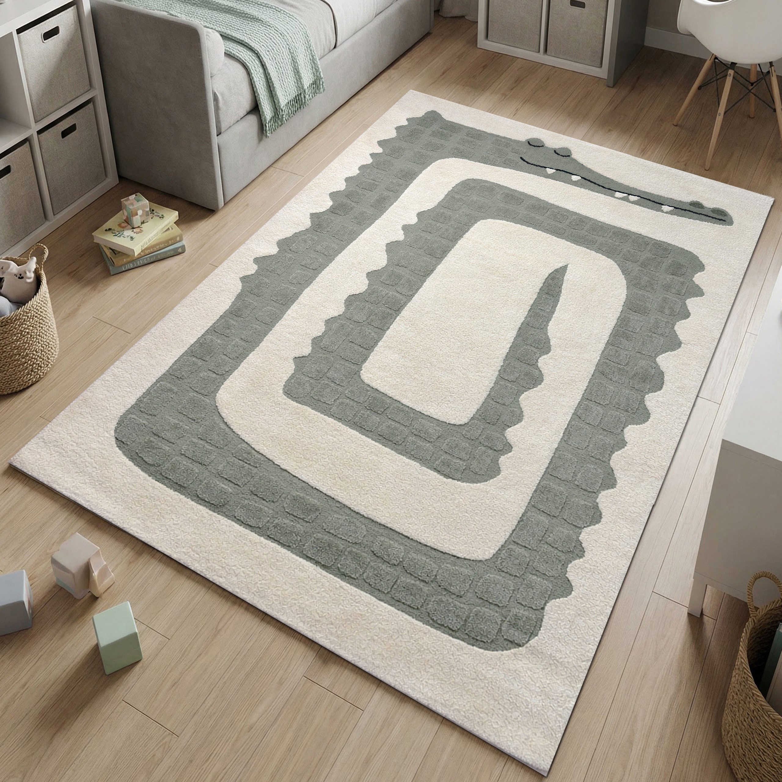 TeppichHome24 Kinderteppich Kinderteppich Krokodil Grün Creme pflegeleicht weich robust, rechteckig, Höhe: 14 mm