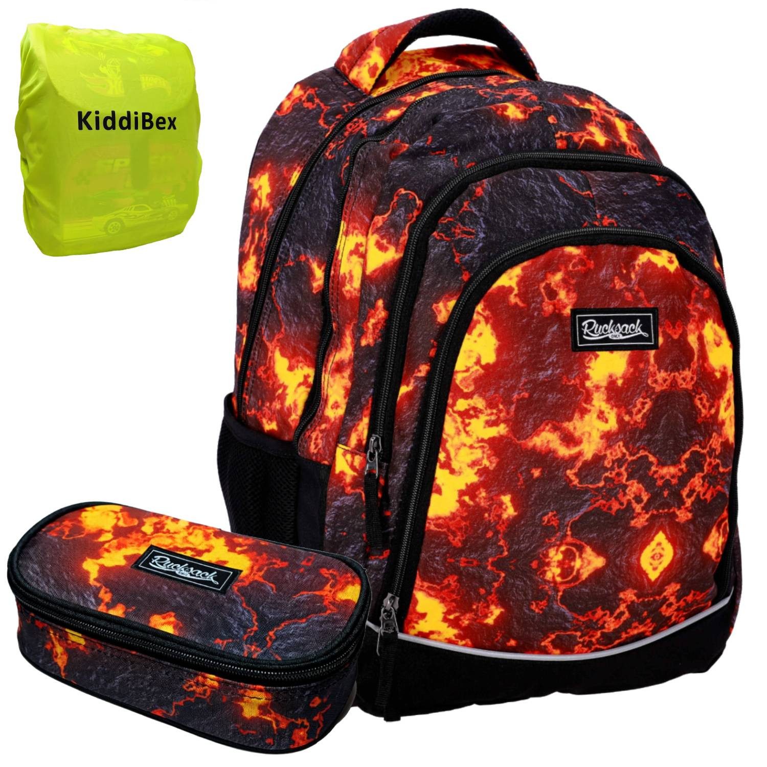 KiddiBex Schulrucksack Jungen Schulranzen ab 5. Klasse mit Brustgurt (Set, 3-tlg., Schulrucksack, Regenschutz, Mäppchen), Rucksack Teenager Schule Schultasche - Ergonomischer Schulranzen Lava