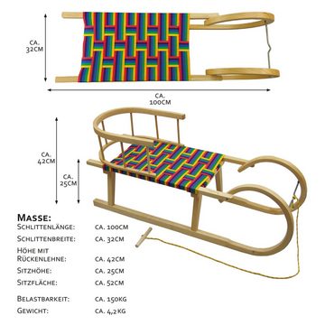 BambiniWelt by Rafael K. Schlitten Hörnerrodel Holzschlitten Hornschlitten mit Rückenlehne + Zugseil bunt