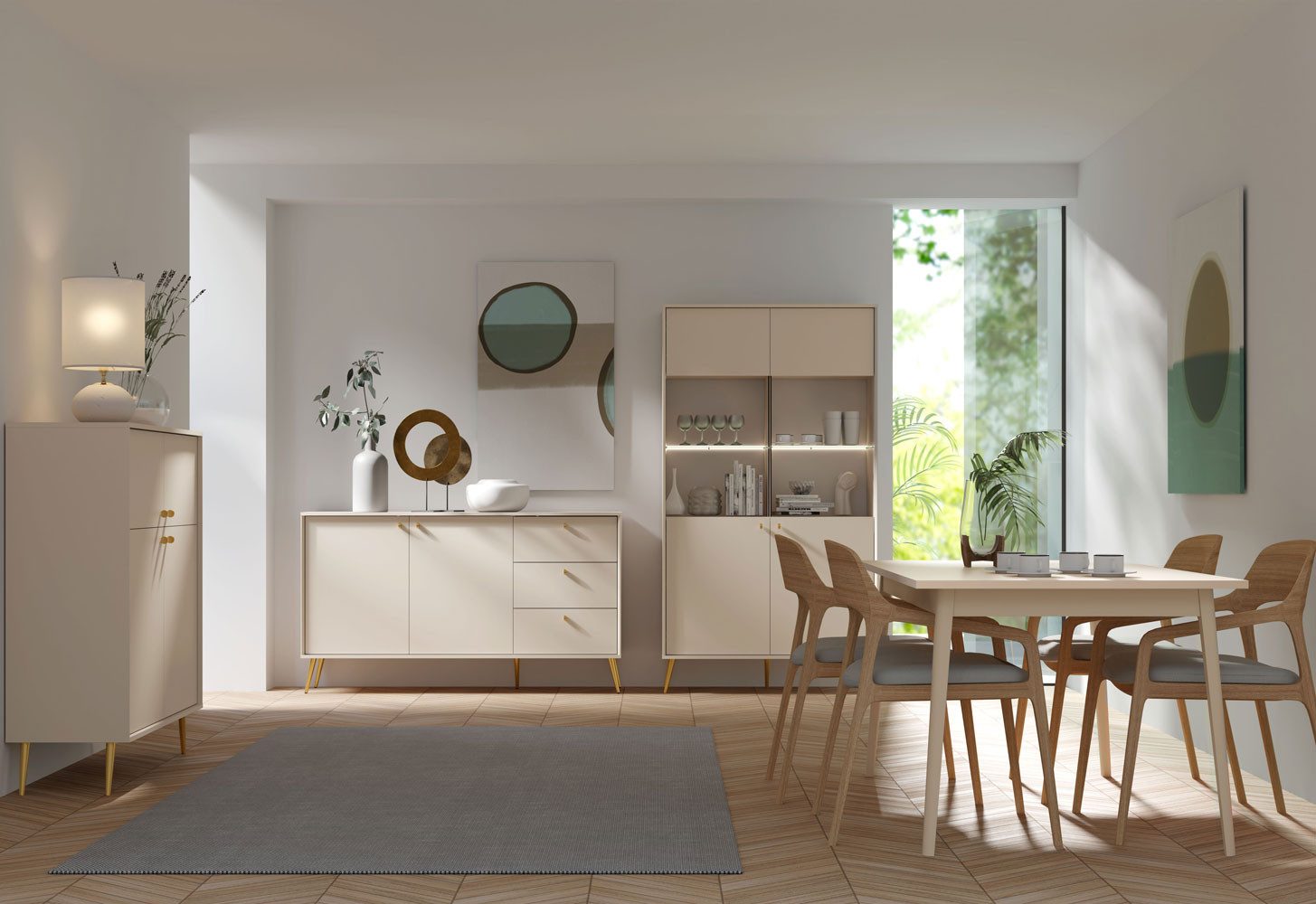 Feldmann-Wohnen Esszimmer-Set Rose, (Ausführung 4-teilig, mit Türen, mit Schubladen, 4-St., moderne Optik, Ausführung 4-teilig), sandbeige Ausführung 4-teilig
