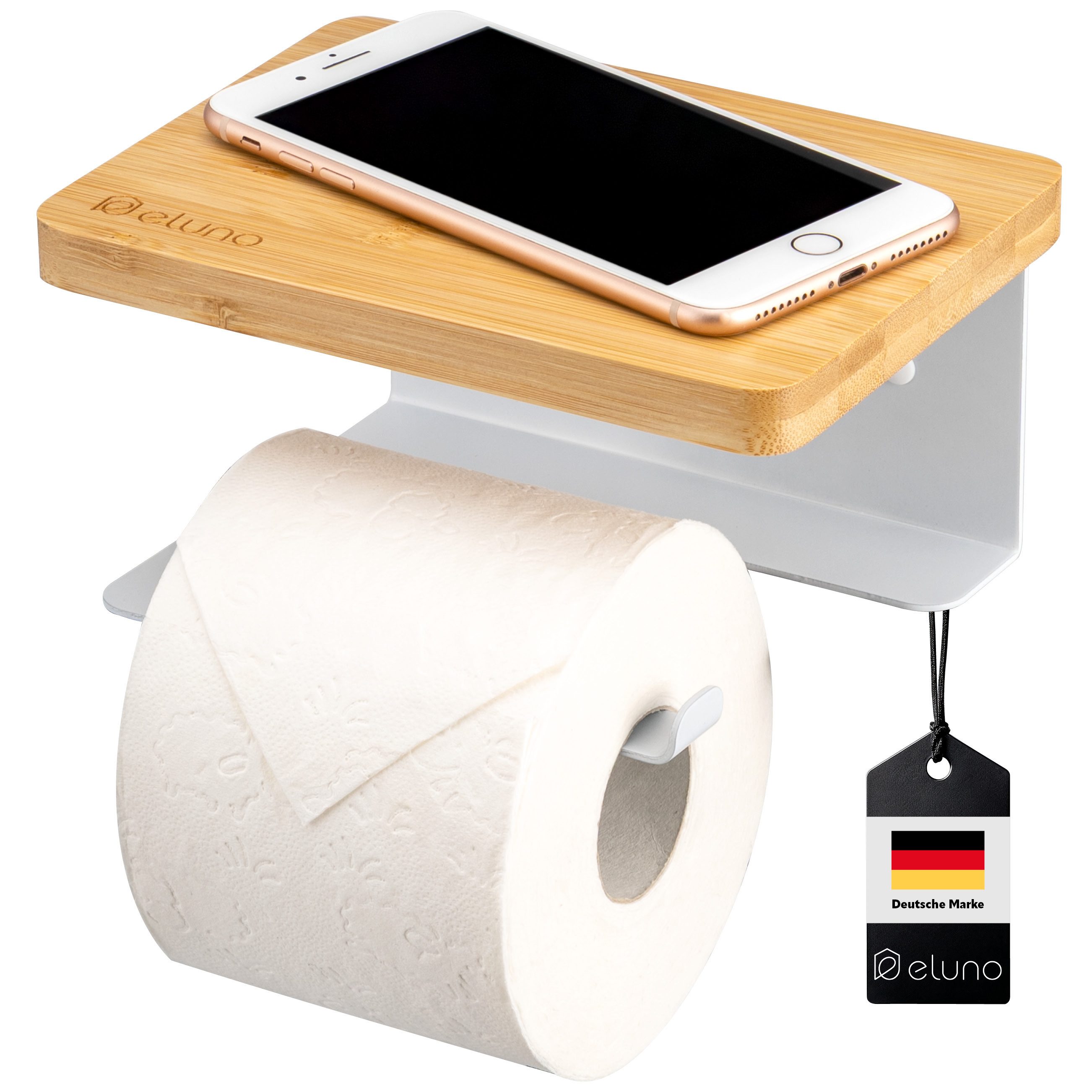 Toilettenpapierhalter VARAZ mit Ablage aus Metall und Bambus, weiß