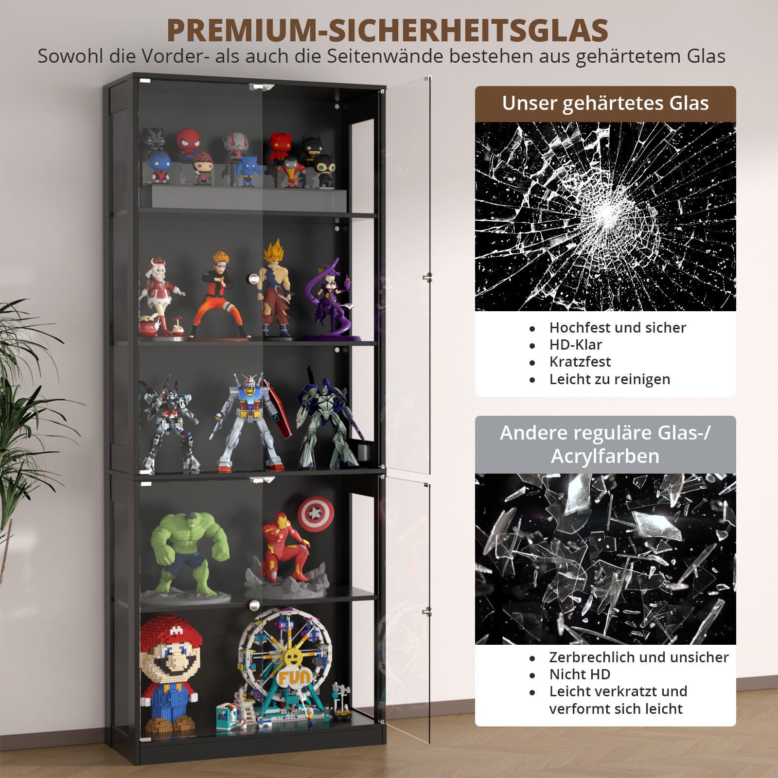 VOWNER Glasvitrine mit 3-Farben-LED - Bewegungssensor (1-St) 5 übereinanderliegende Regale, 80x204x35 cm