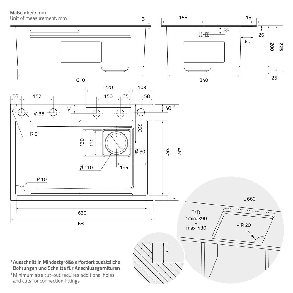 ML-DESIGN Küchenspüle Spülbecken aus Edelstahl Einbauspüle mit Wasserhahn & anderem Zubehör, 68/46 cm, Küchenspüle Multifunktionale Anthrazit rechteckig Waschbe – Bild 2 von 5