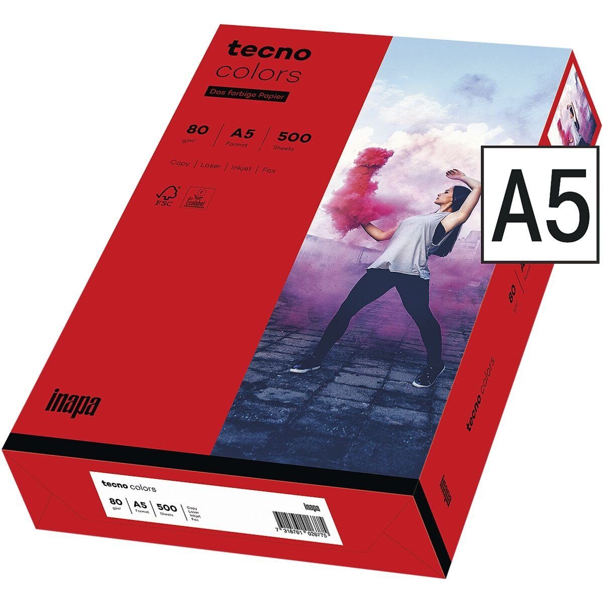 Inapa tecno Drucker- und Kopierpapier Rainbow, Intensivfarben, Format DIN A5, 80 g/m² intensivrot