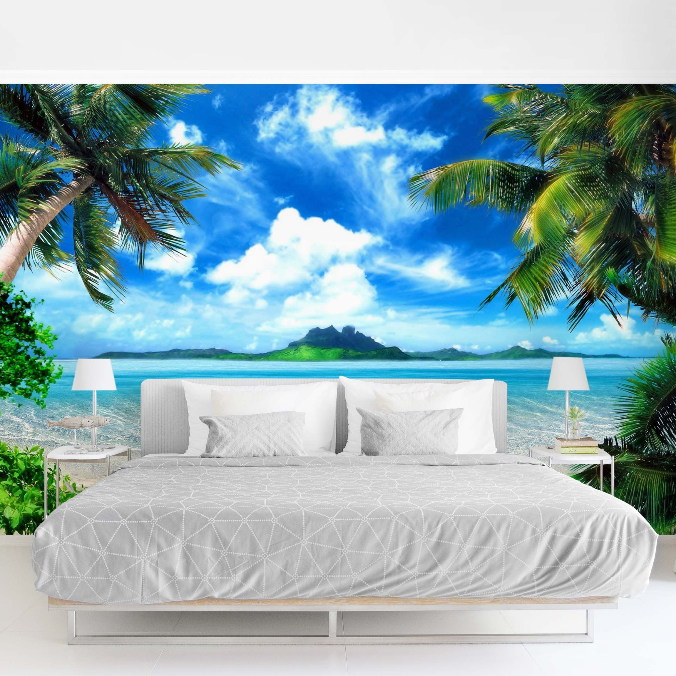 Bilderdepot24 Fototapete Strand & Meer Karbik Strand Insel Palmen Natur Landschaft Maritim, Glatt, Matt, (Vliestapete inkl. Kleister oder selbstklebend), Wohnzimmer Schlafzimmer Küche Flur Motivtapete Vliestapete Wandtapete