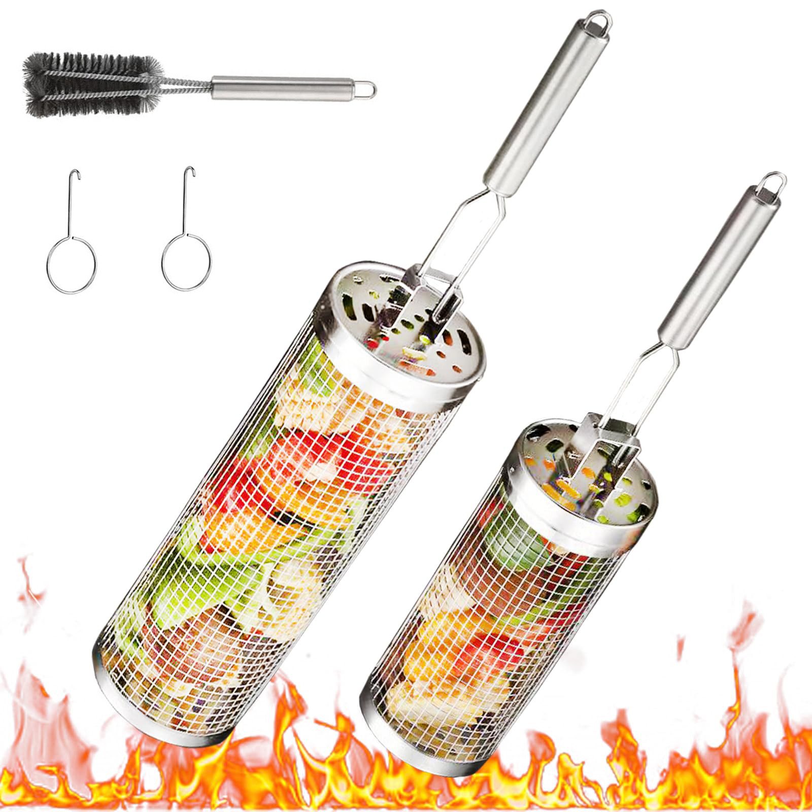 BlingBin Grillguthalter Rollendes Grillkorb Edelstahl Gitter Grillkäfig mit Abnehmbarem Griff, Edelstahl, (1er Set, 2-St., 2 Stück), Grill Zubehör GrillgemüSe Grillkorb Zylindrisch Terrassengrills Freien