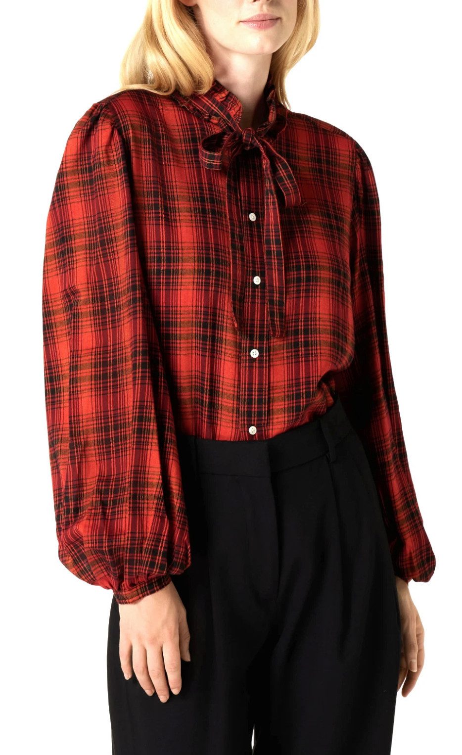 Polo Ralph Lauren ruffled blouse, checked relaxed fit shirt with ruffled collar, relaxed fit ruffled collar with tie, stand-up collar design