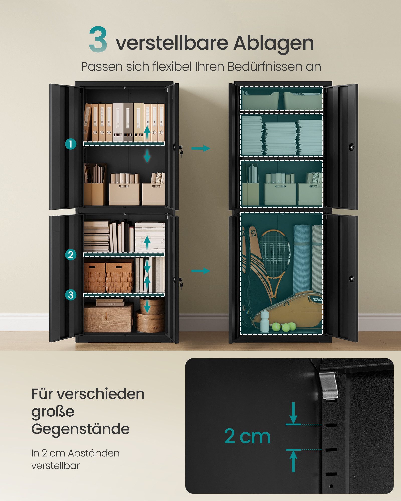 SONGMICS Aktenschrank Mehrzweckschrank, Stahl-Aufbewahrungsschrank, 5 Ebenen 4 Türen, 40 x 60/80 x 180 cm, 2 Schlösser, verstellbare Ablagen – Bild 4 von 5
