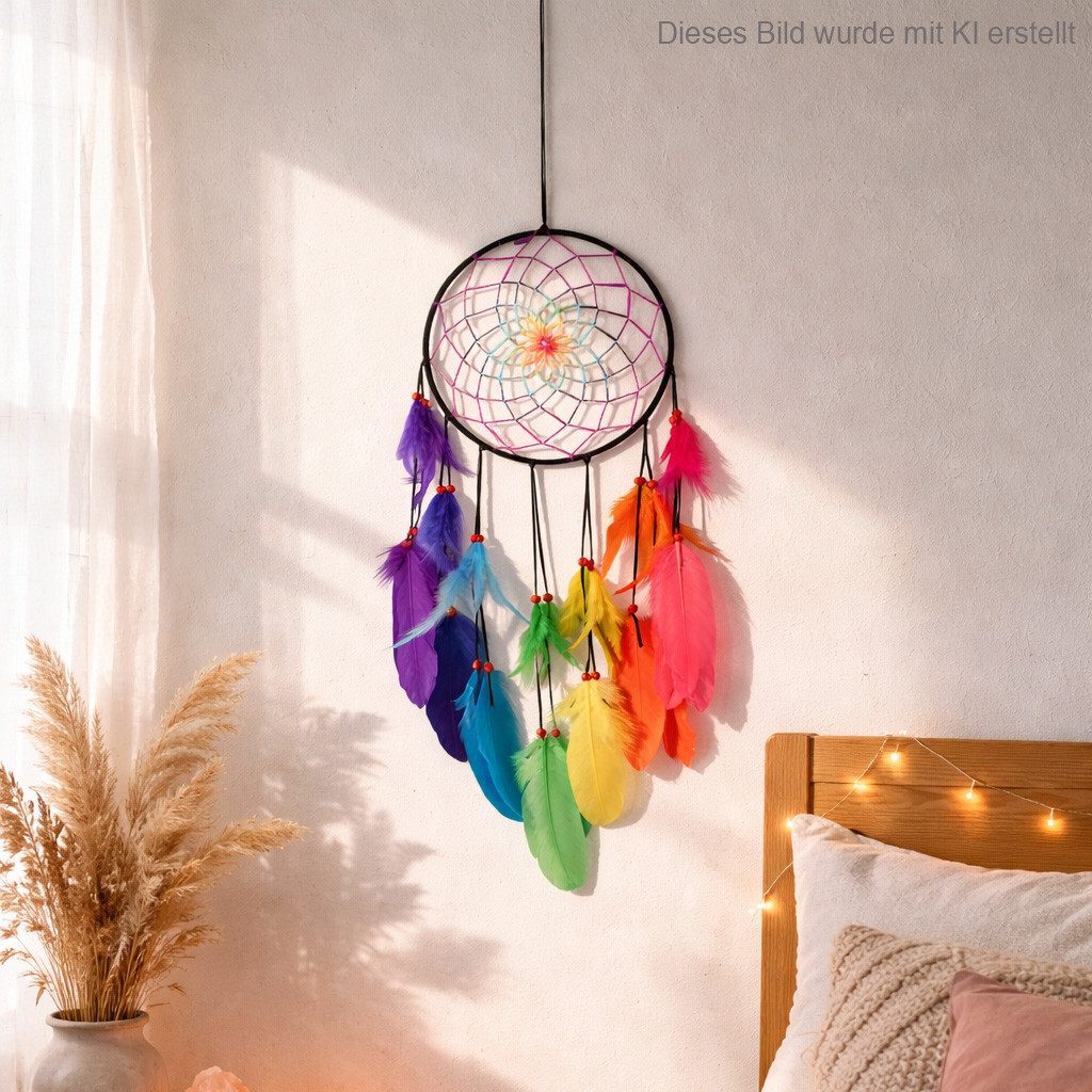 XiRRiX Traumfänger Traumfänger Regenbogen Hängedekoration mit Federn und Perlen (zum Aufhängen, Fensterdekoration), Wandbehang, Deko Schlafzimmer, Wohnzimmer