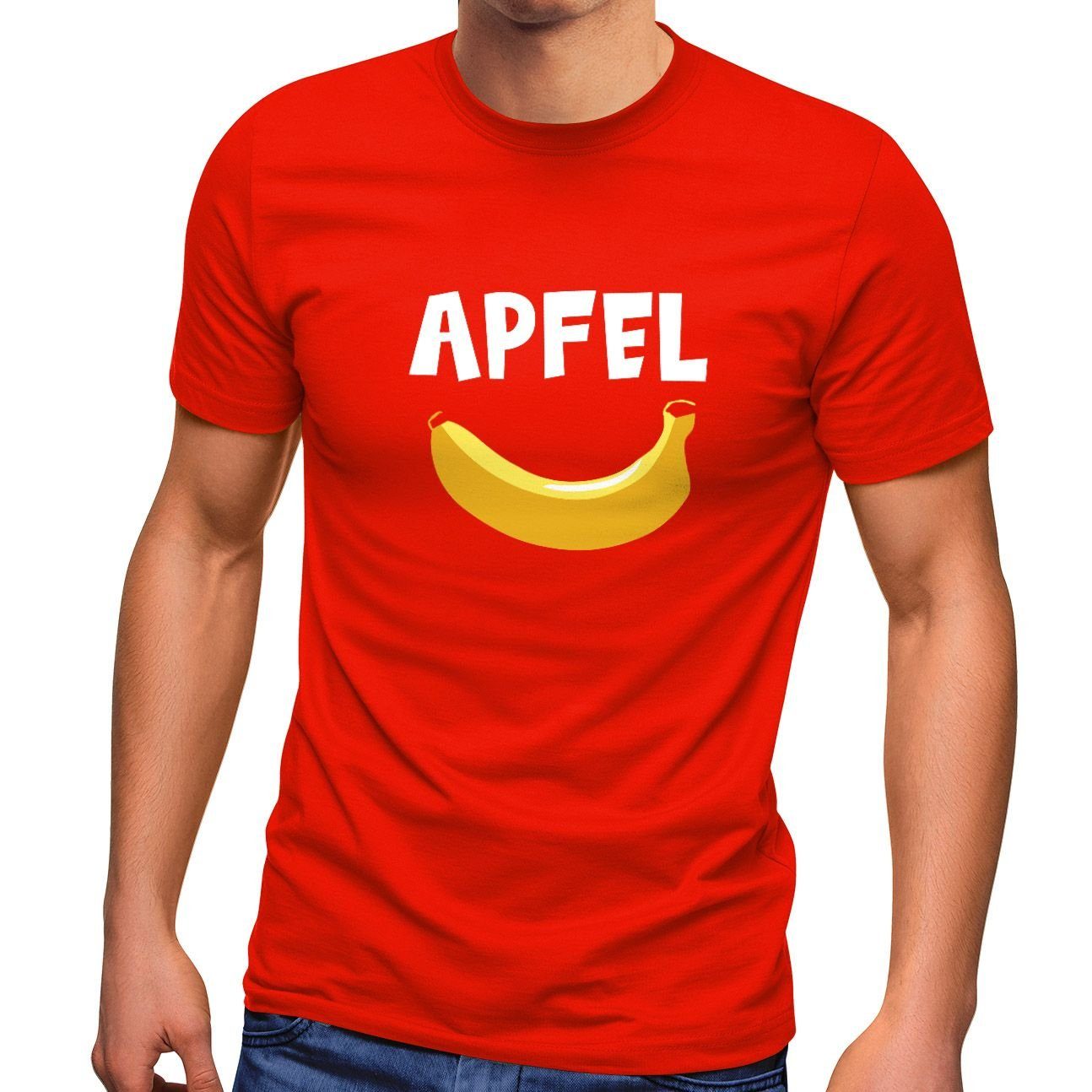 Aufdruck Spruch Banane Apfel MoonWorks Print Scherz lustiger T-Shirt mit Fun-Shirt Herren Print-Shirt Moonworks® Witz lustig rot
