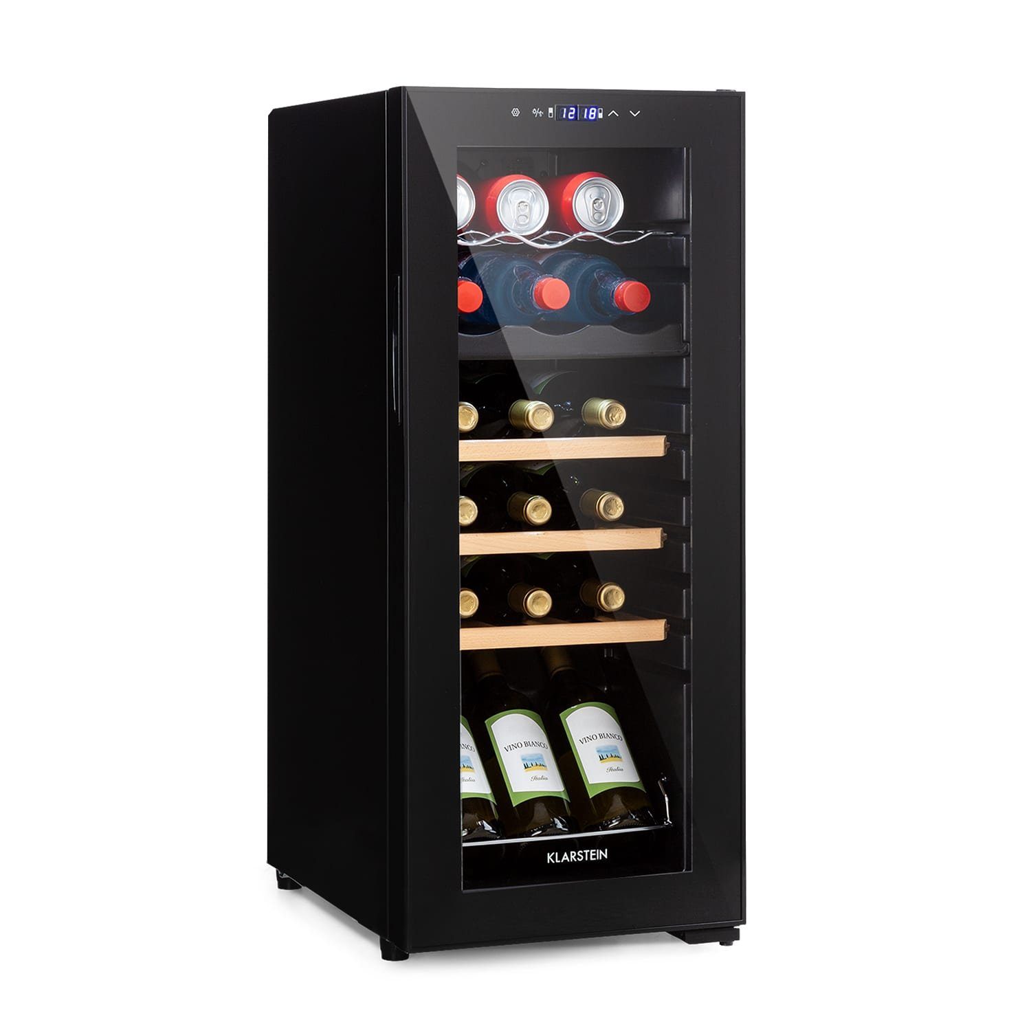 Klarstein Weinkühlschrank Bodega 18 Duo+, Kühlschrank Flaschenkühlschrank 0,75l,Wein Standardflaschen Weinschrank für á 18 Weintemperierschrank