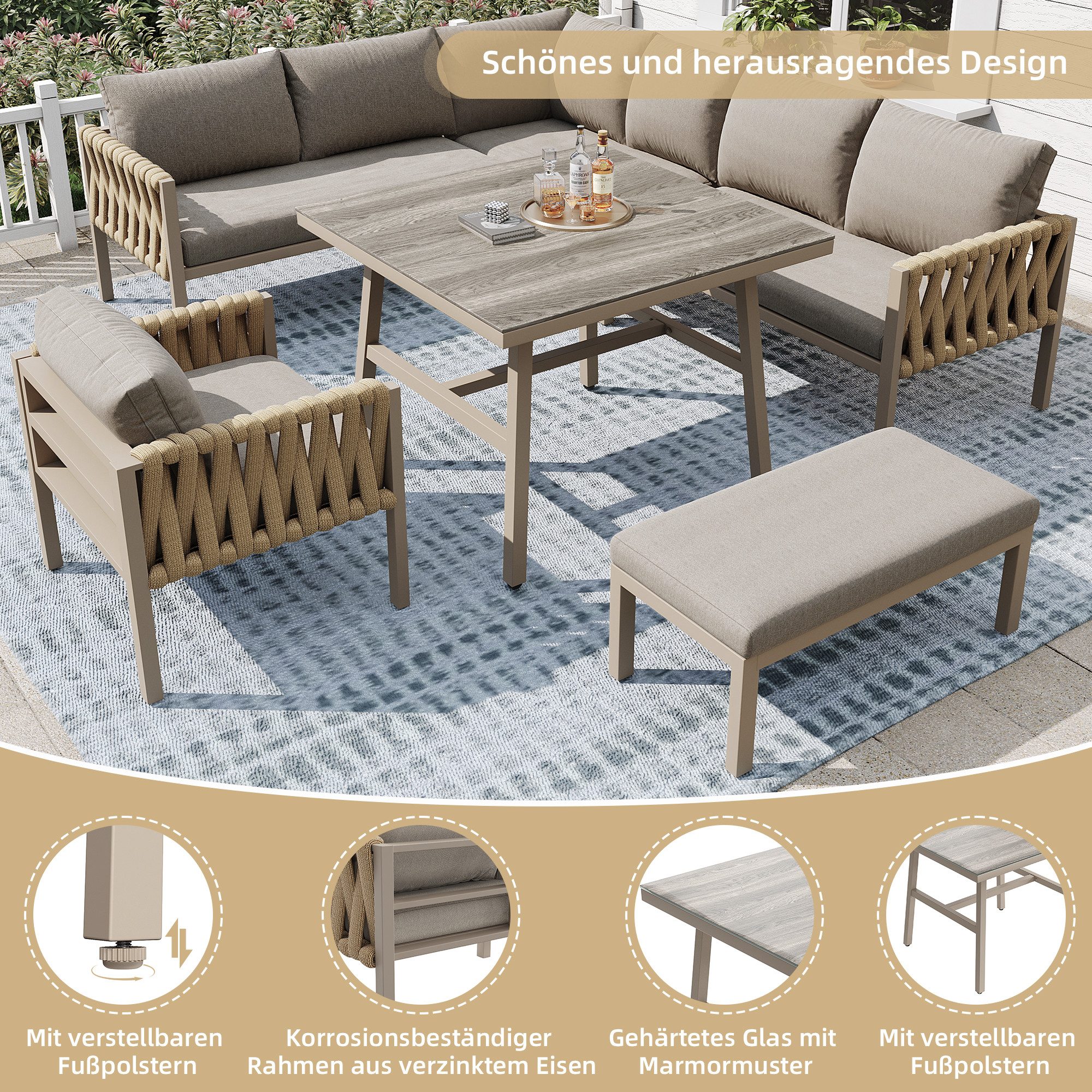 Flieks Gartenlounge-Set, Sitzgruppe mit verzinktem Eisengestell Tischplatte aus gehärtetem Glas