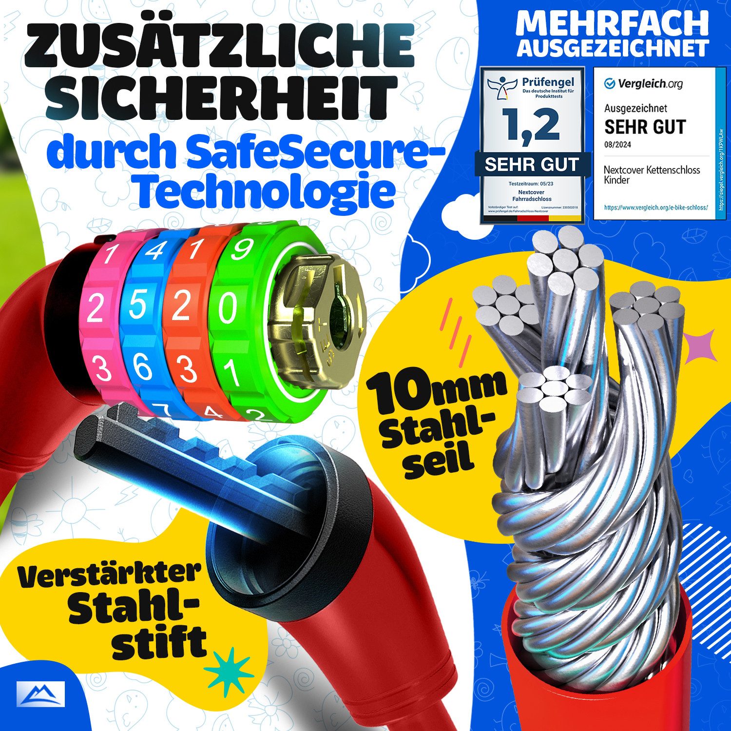Nextcover Zahlenkabelschloss NEXTCOVER® Fahrradschloss Kinder mit 4-stelligem Zahlencode