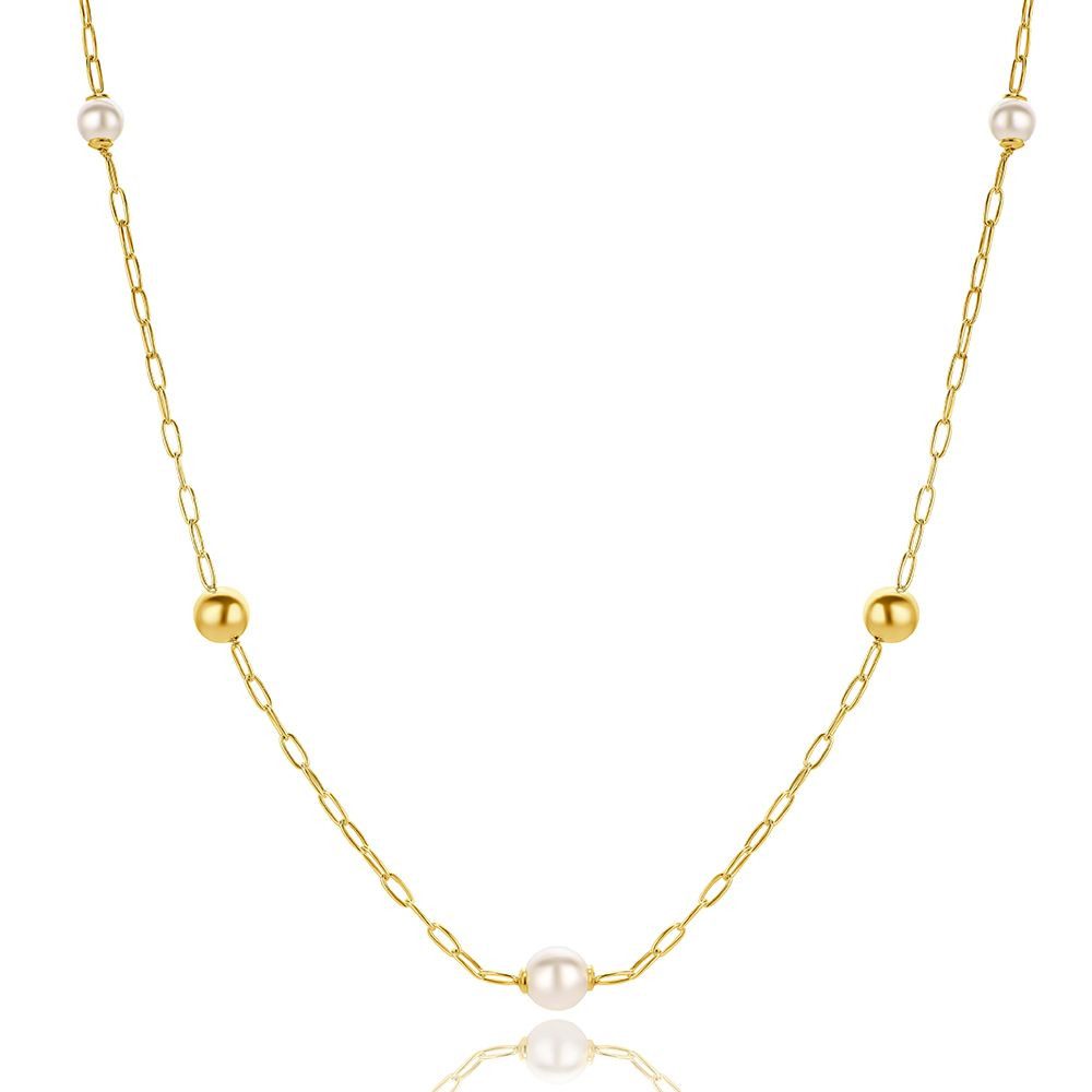 Miore Perlenkette TA008SN - mit 3 Perlen 8 mm - 925 Sterling Silber vergoldet 18 Kt, Perlen/Paperclipkette mit 44cm Länge - Made in Italy