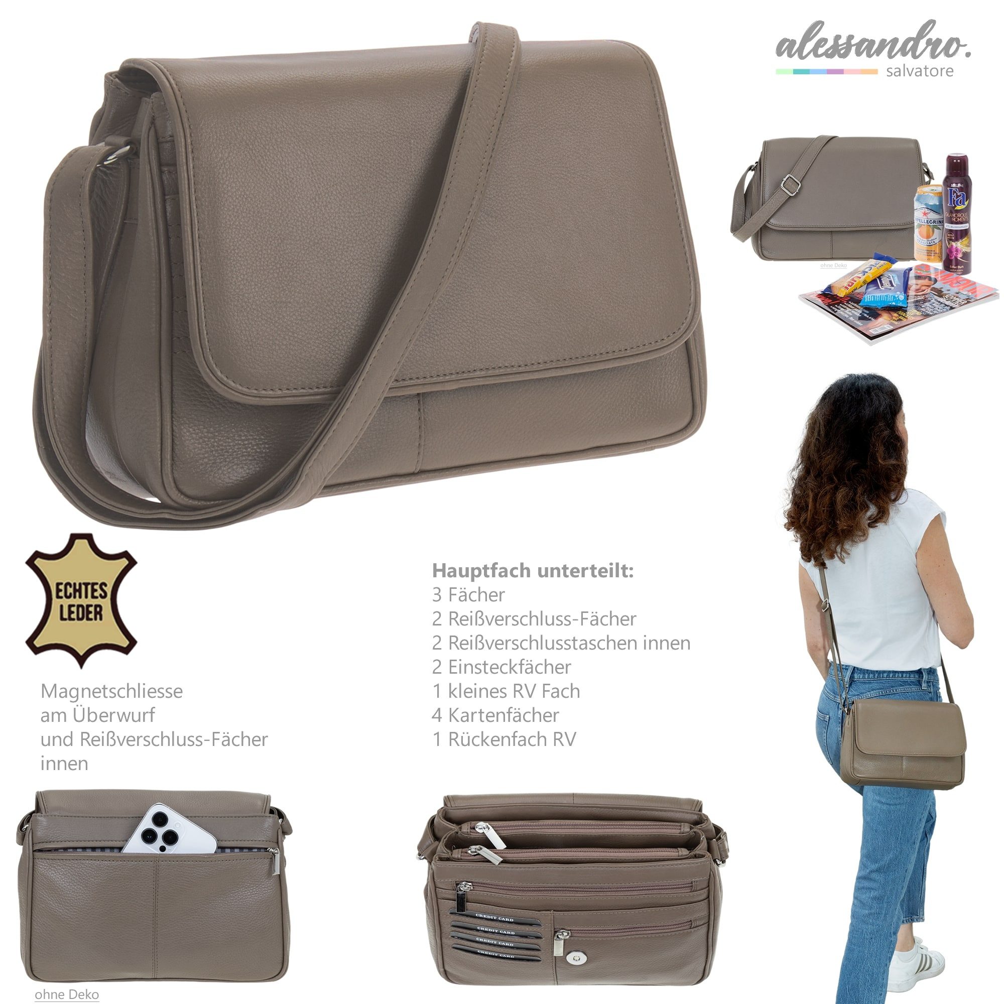Alessandro Salvatore Handtasche Leder Damen mittel klein Lederhandtasche, Schultertasche Echtleder Damentasche Tasche Florenz 12975 + Etui